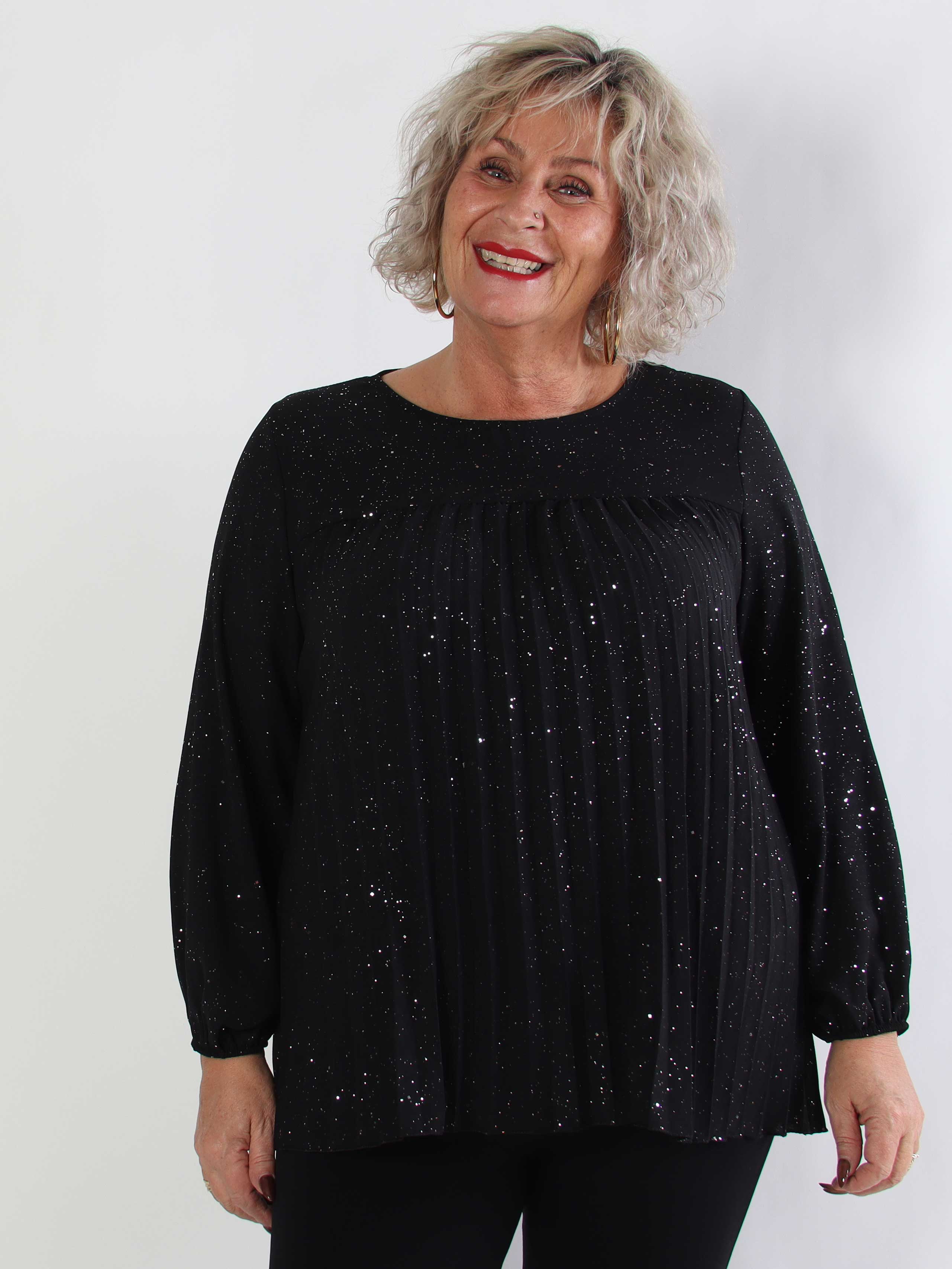 Nancy Glitter Shirt L/S - Plisseret plus size bluse med glitter