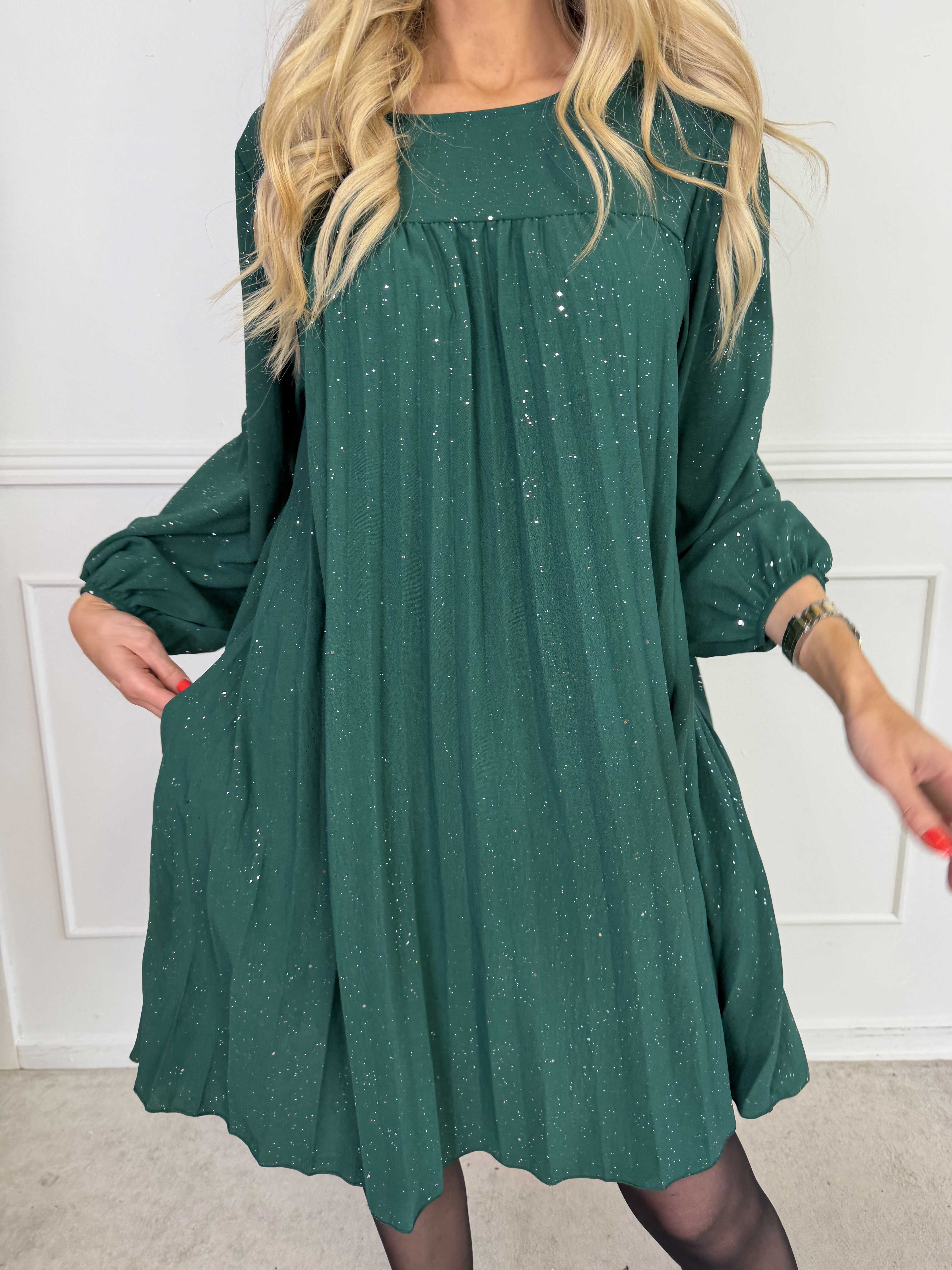 Nancy Glitter Short L/S - Plisserad klänning med fickor och glitter