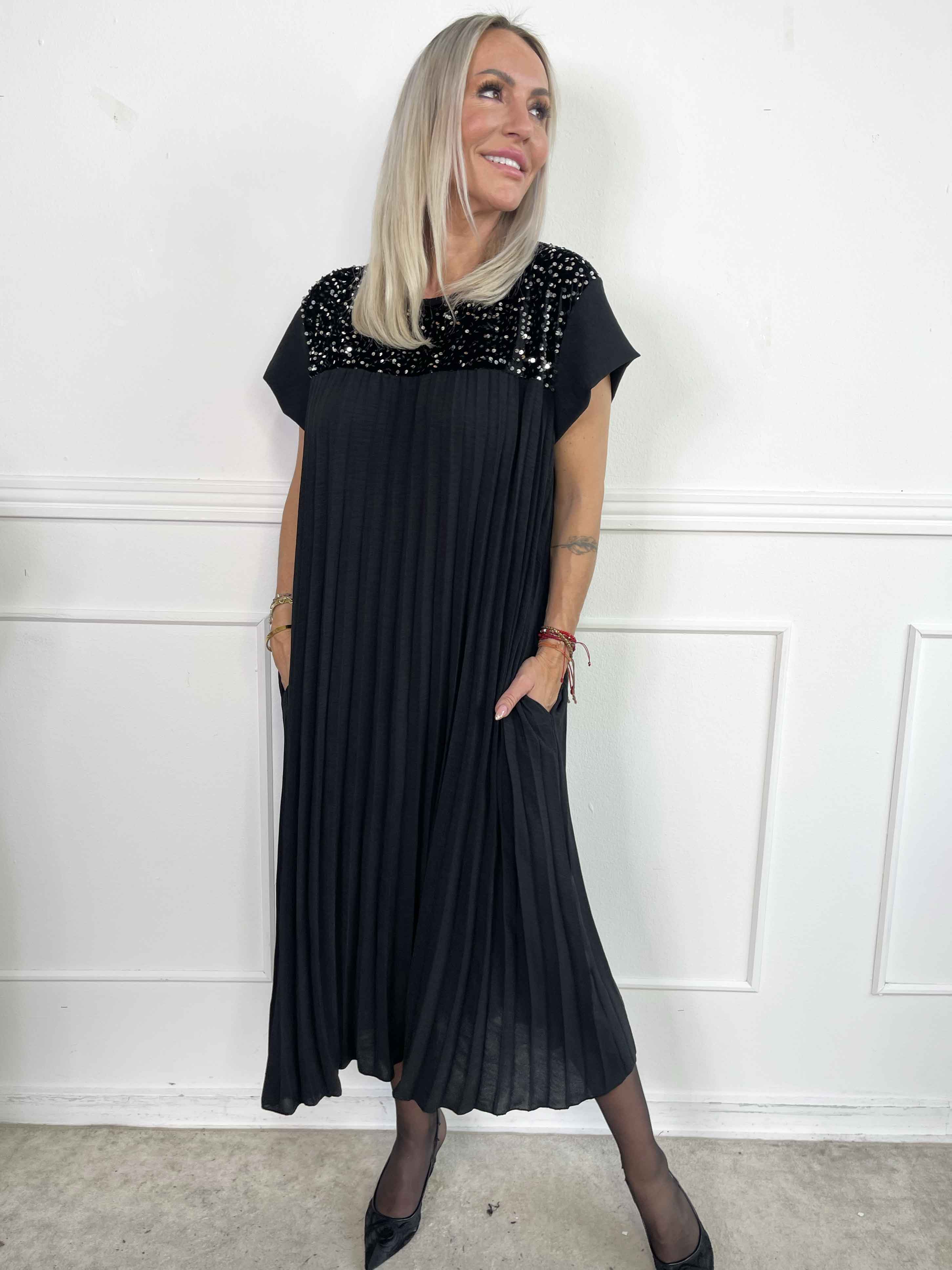 Nancy Party - Lång plisserad klänning med paljetter och sammet