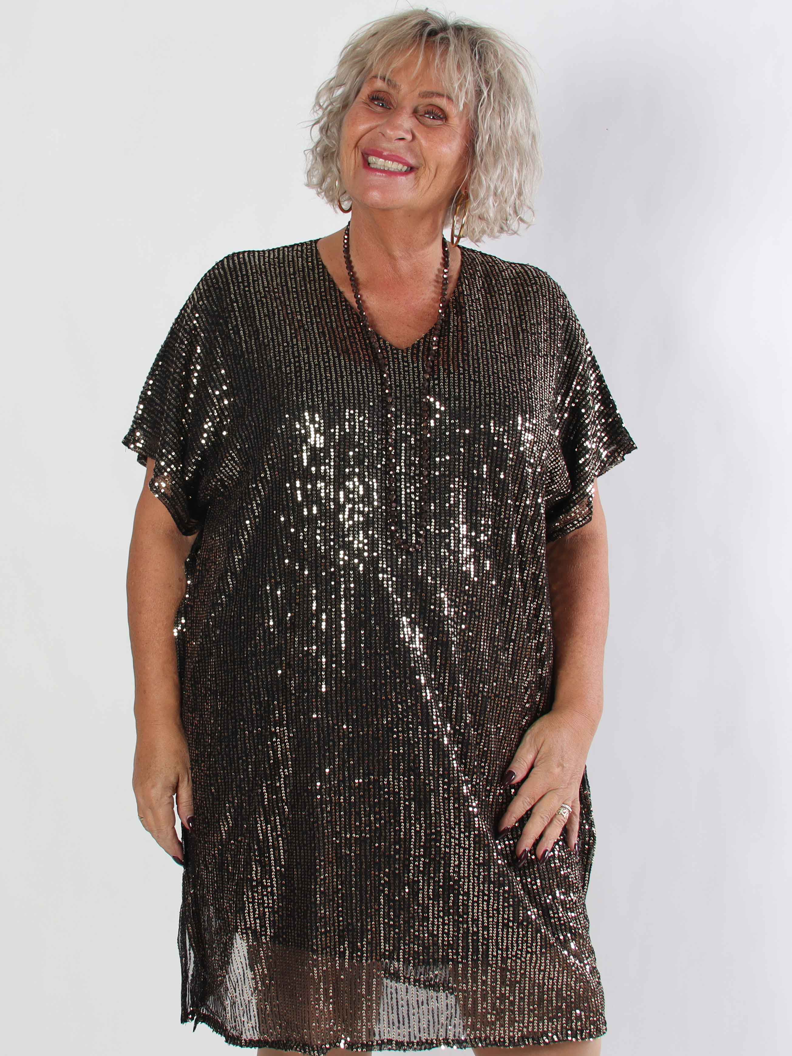 Norian - Festlig plus size tunikakjole med pailletter og v-udskæring