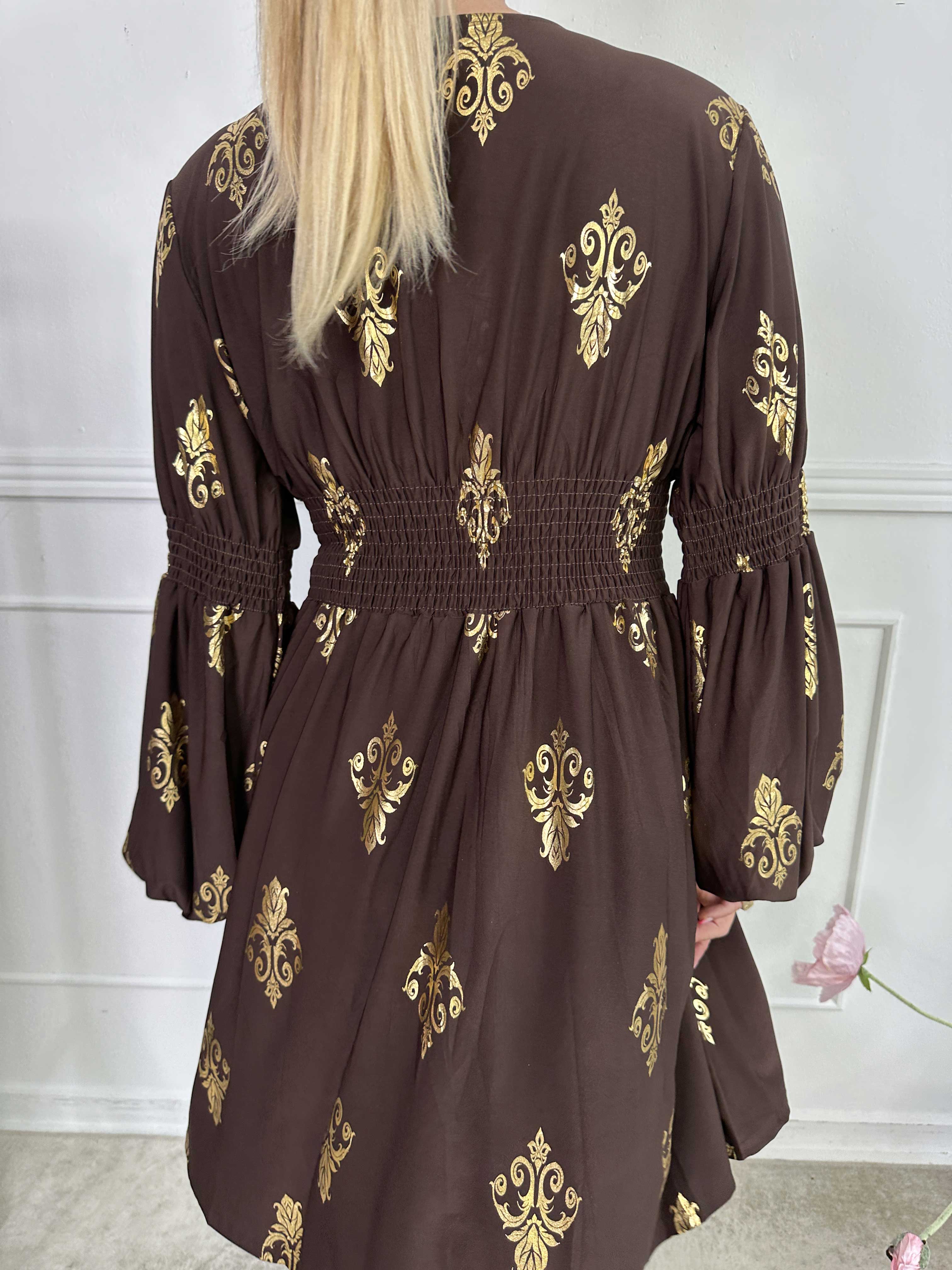 Paige Royal Gold - Elastisk klänning med guldfärgat mönster och knappar vid bysten