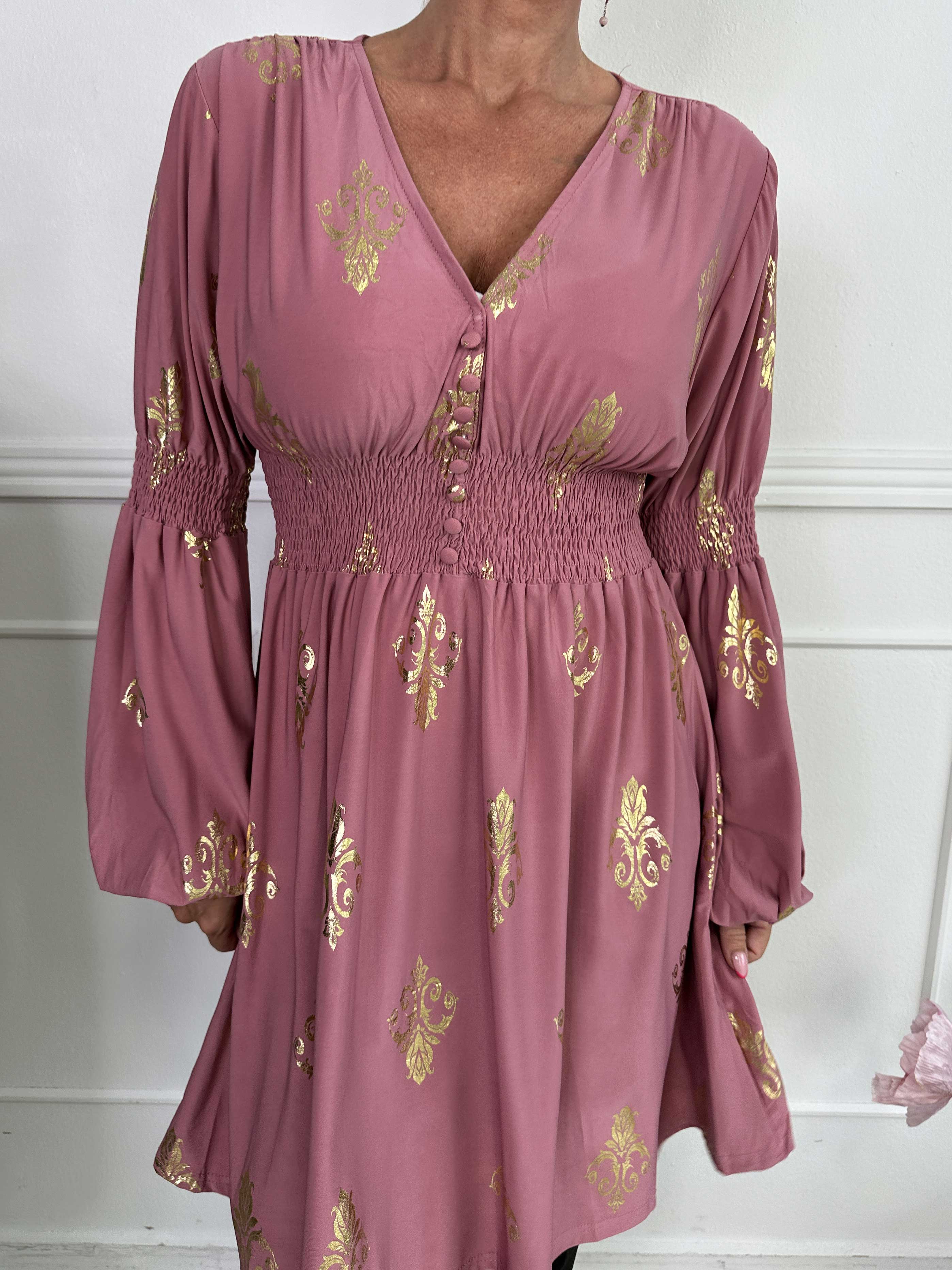 Paige Royal Gold - Elastisk klänning med guldfärgat mönster och knappar vid bysten