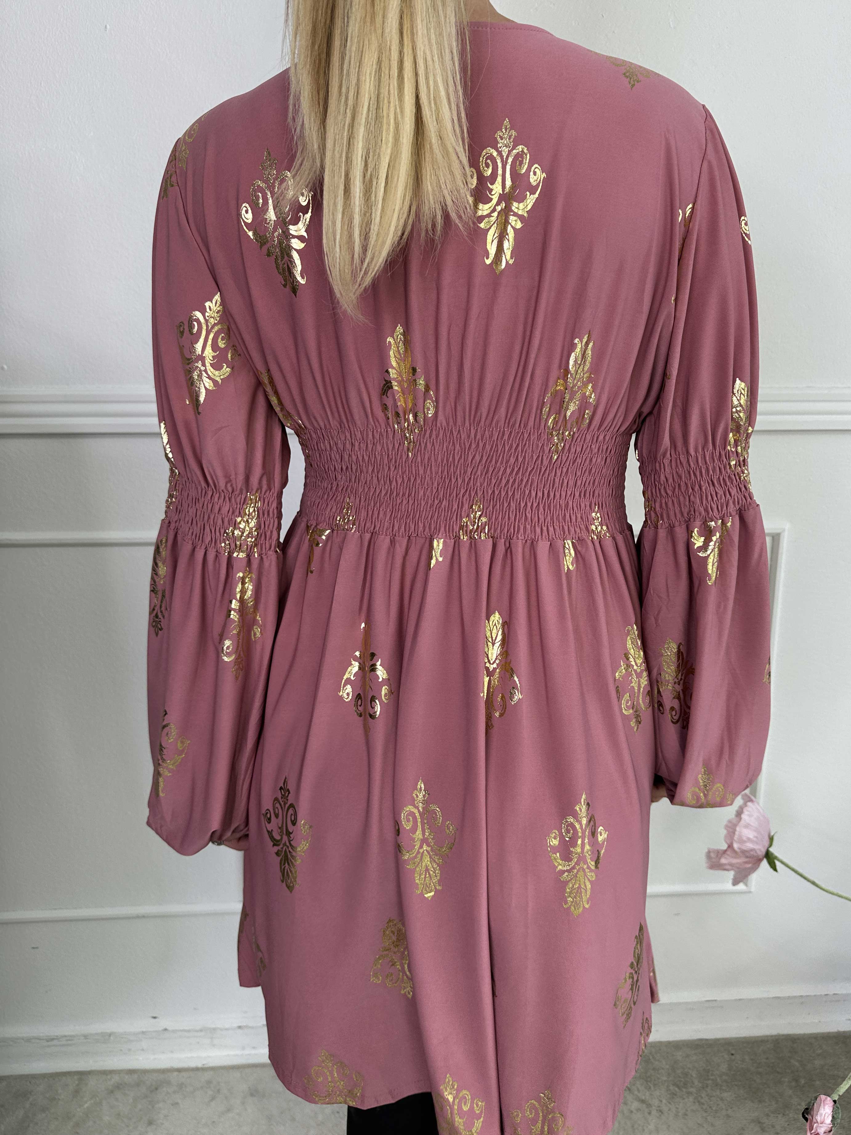 Paige Royal Gold - Elastisk klänning med guldfärgat mönster och knappar vid bysten