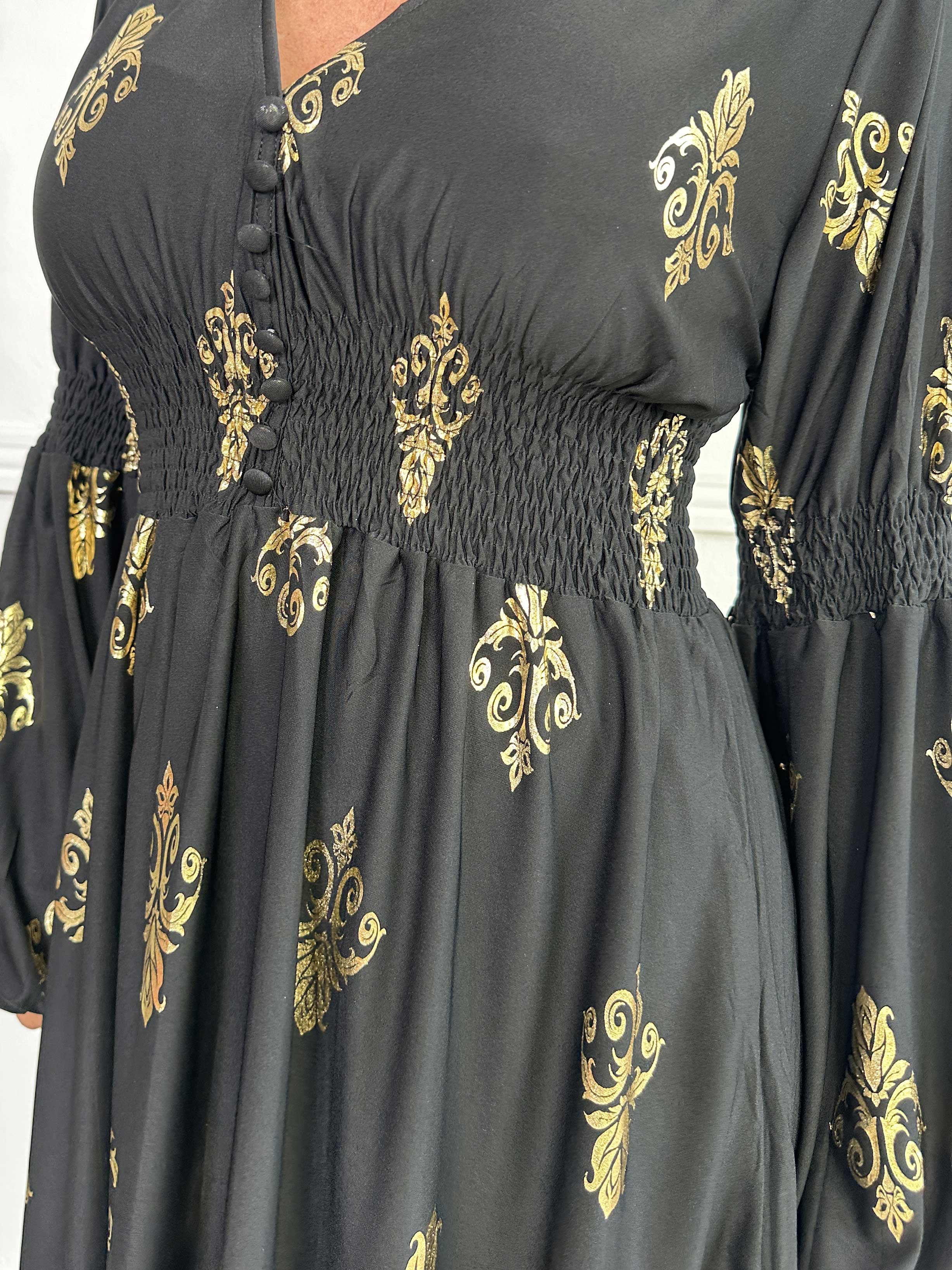 Paige Royal Gold - Elastisk klänning med guldfärgat mönster och knappar vid bysten