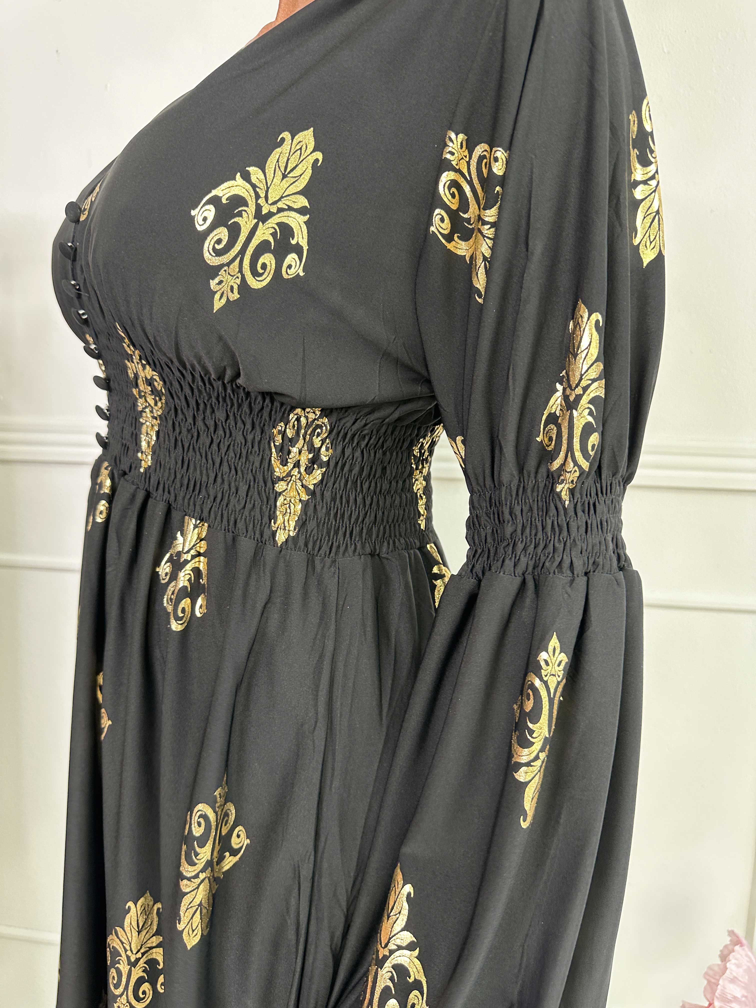 Paige Royal Gold - Elastisk klänning med guldfärgat mönster och knappar vid bysten