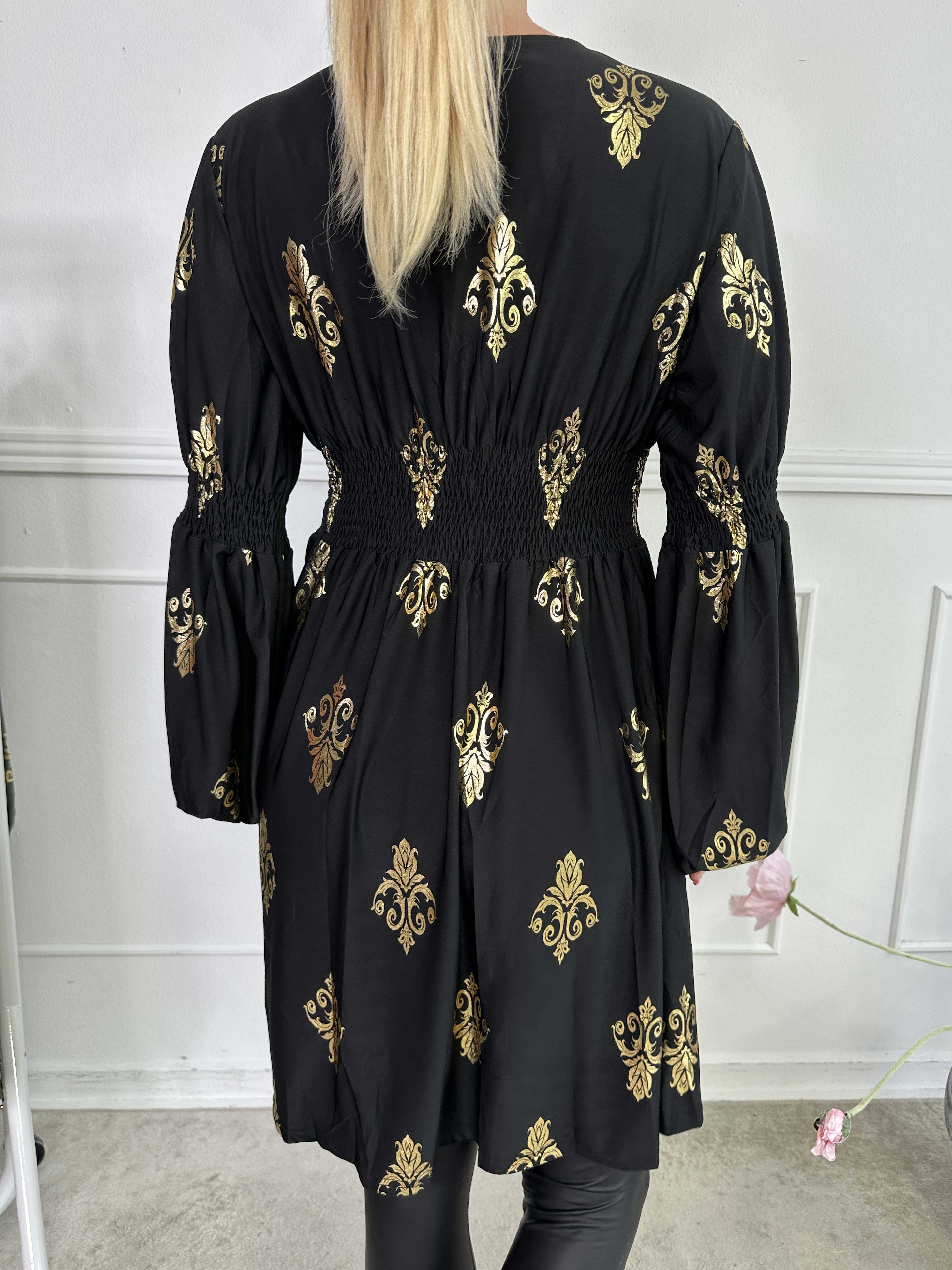 Paige Royal Gold - Elastisk klänning med guldfärgat mönster och knappar vid bysten