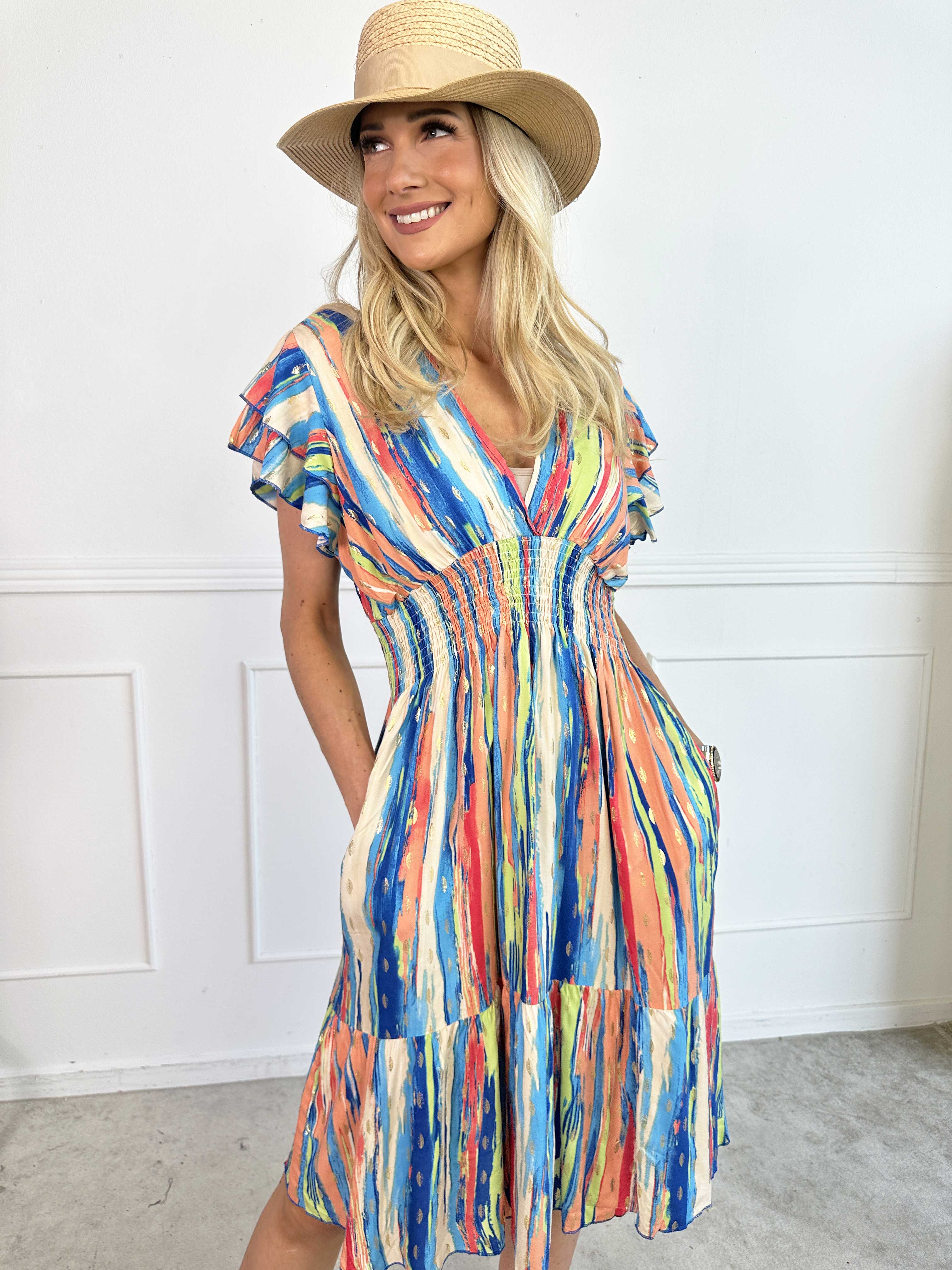 Palina Stripe Short - Söt randig klänning i viskos med gulddetaljer