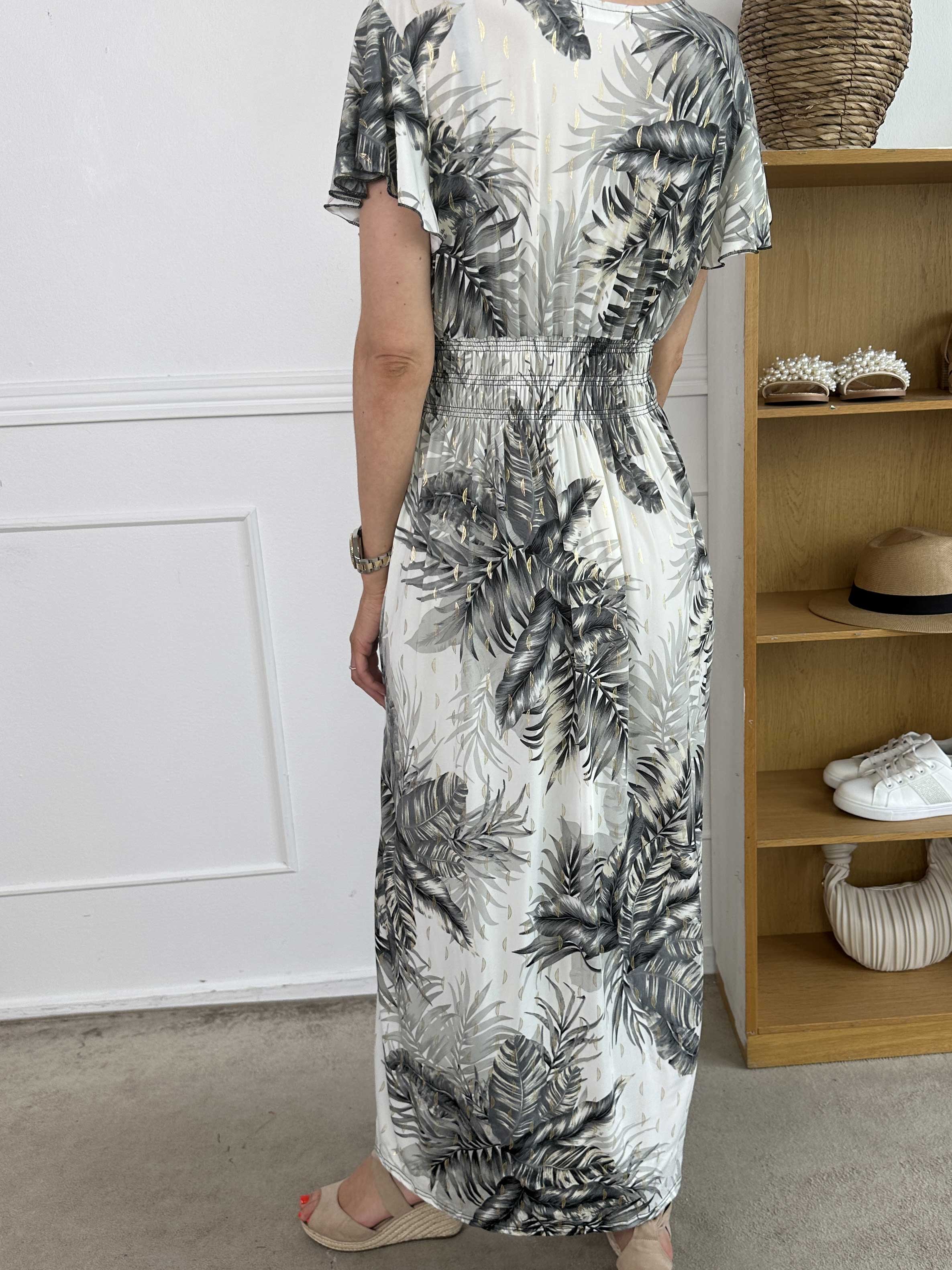 Palma - Lång elastisk klänning med blad och volangärmar