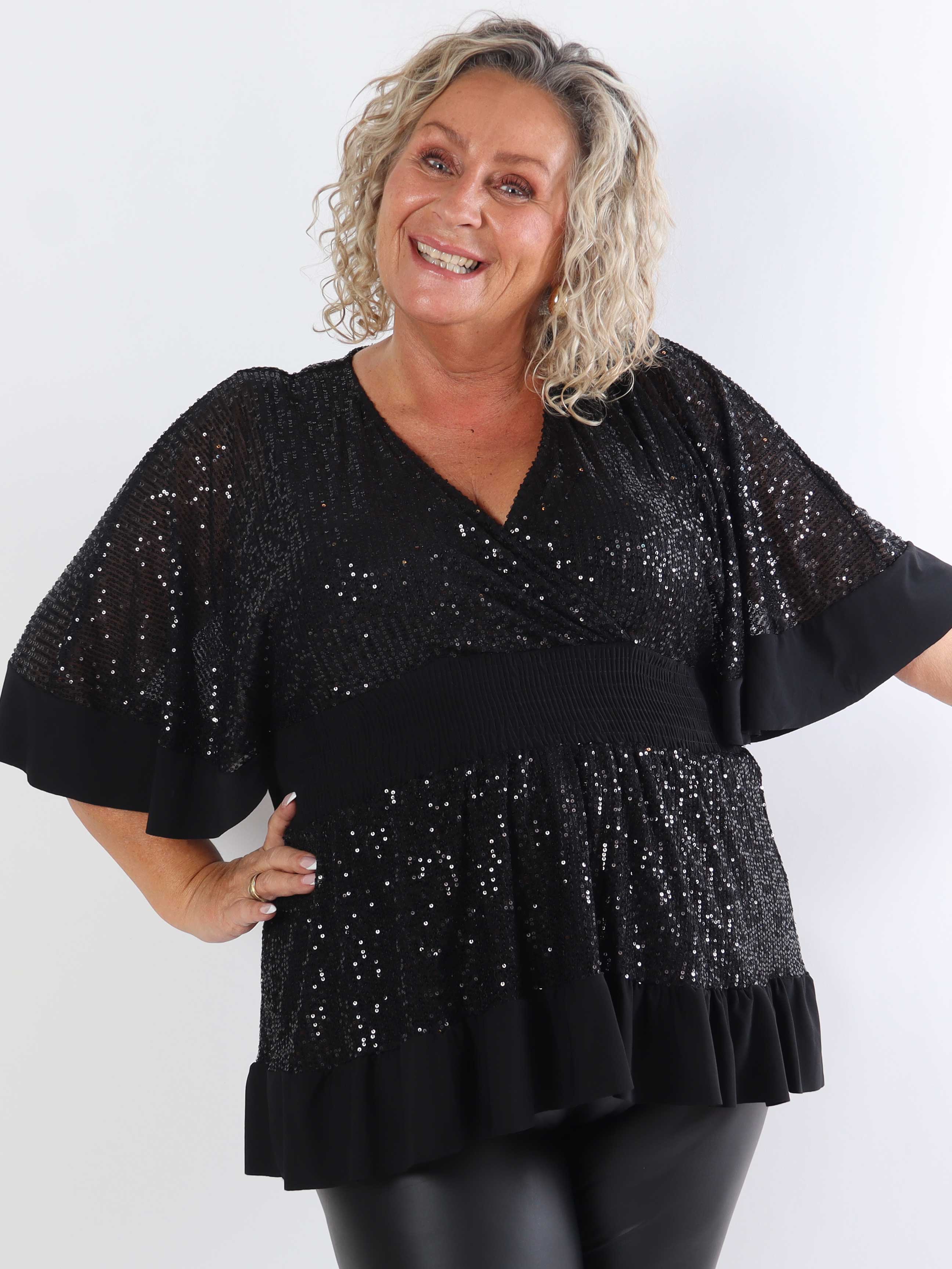 Pamela Glitter Shirt - Plus size paljett-tunika med smock och volanger