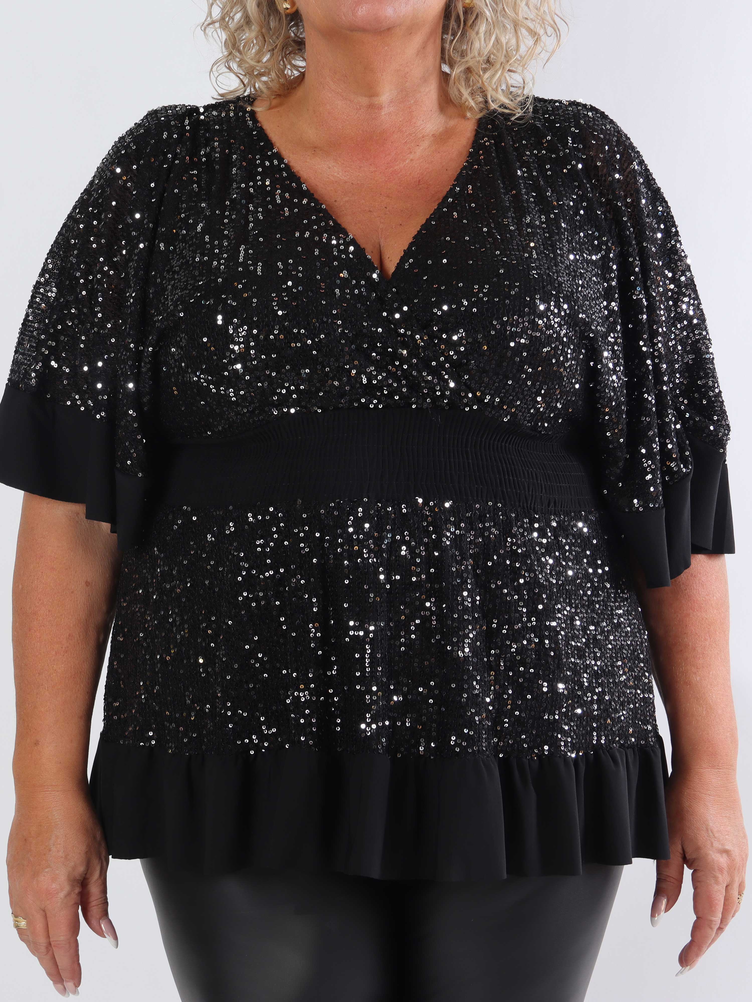 Pamela Glitter Shirt - Plus size paljett-tunika med smock och volanger