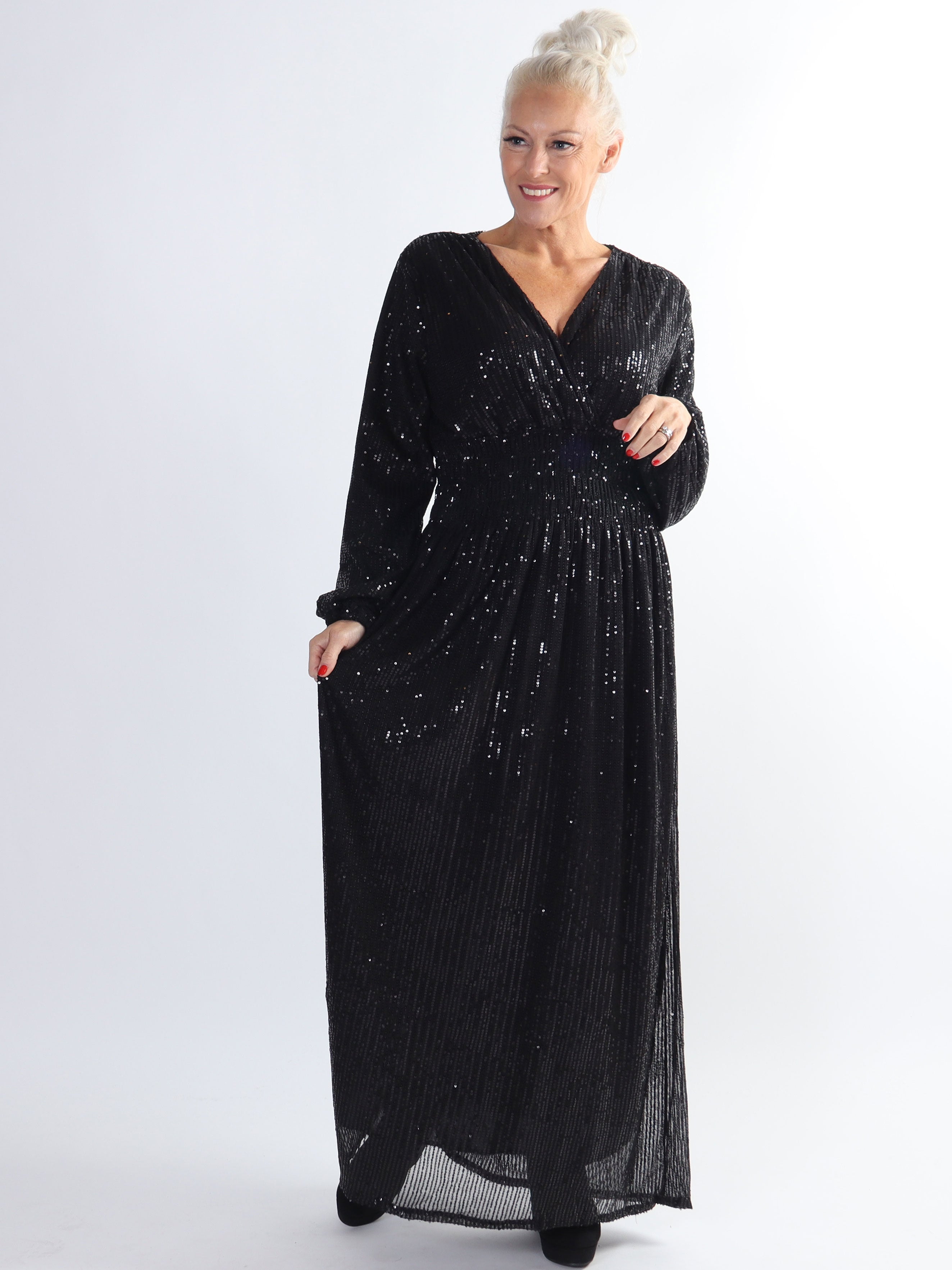 Pams Glitter L/S - Lång plus size klänning med paljetter