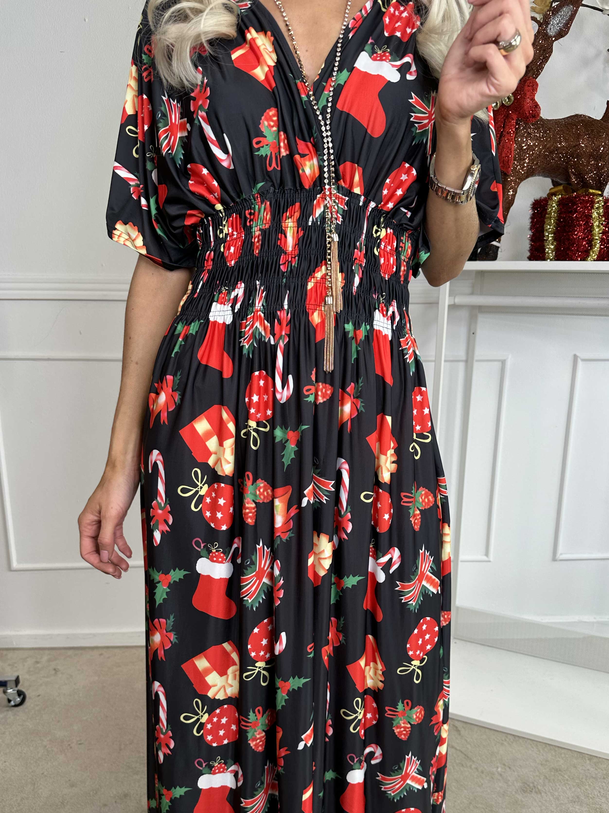Pams Holiday - Lång klänning med resår och julmotiv