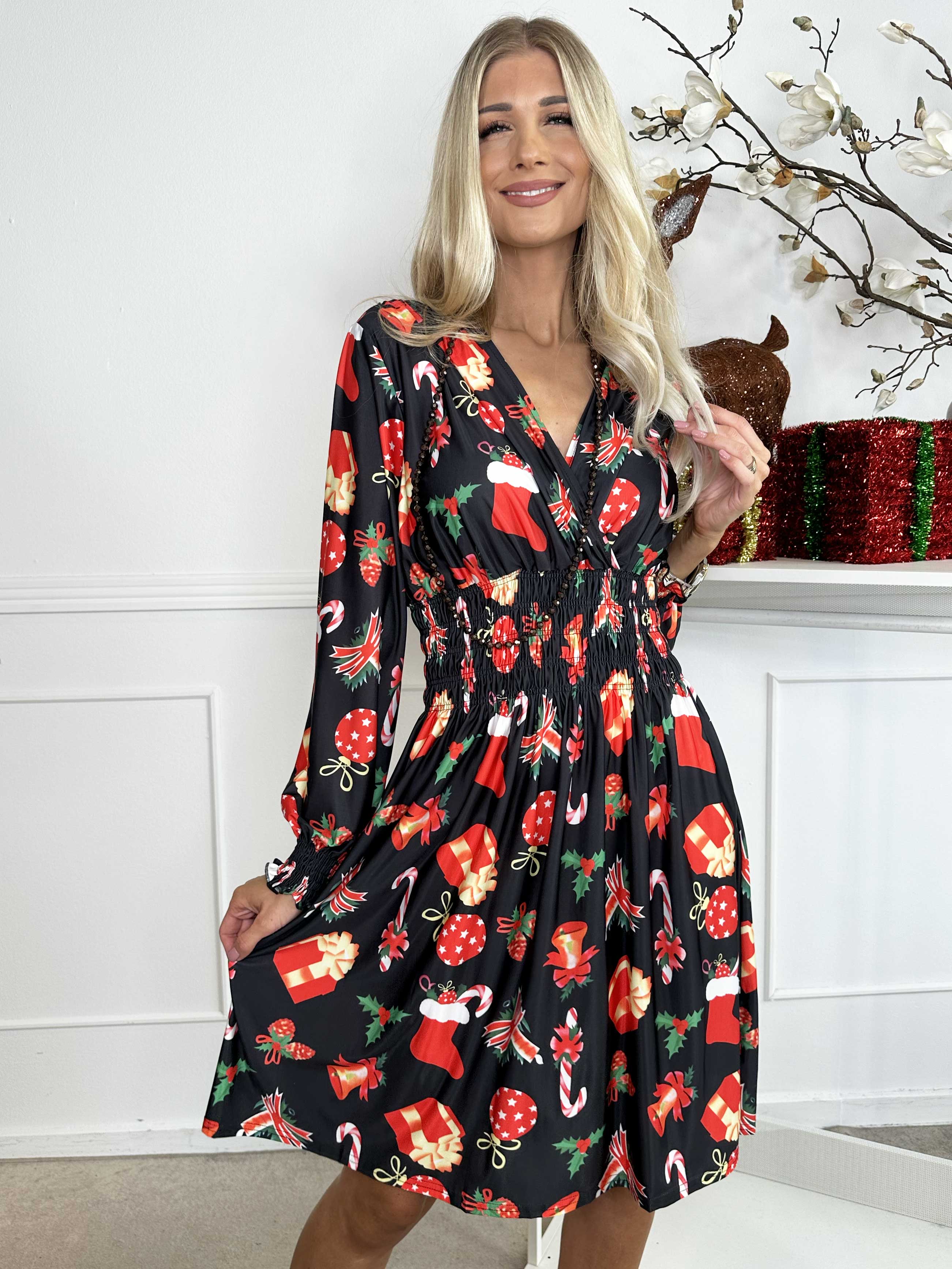 Pams Holiday Short L/S - Elastisk klänning med julmotiv