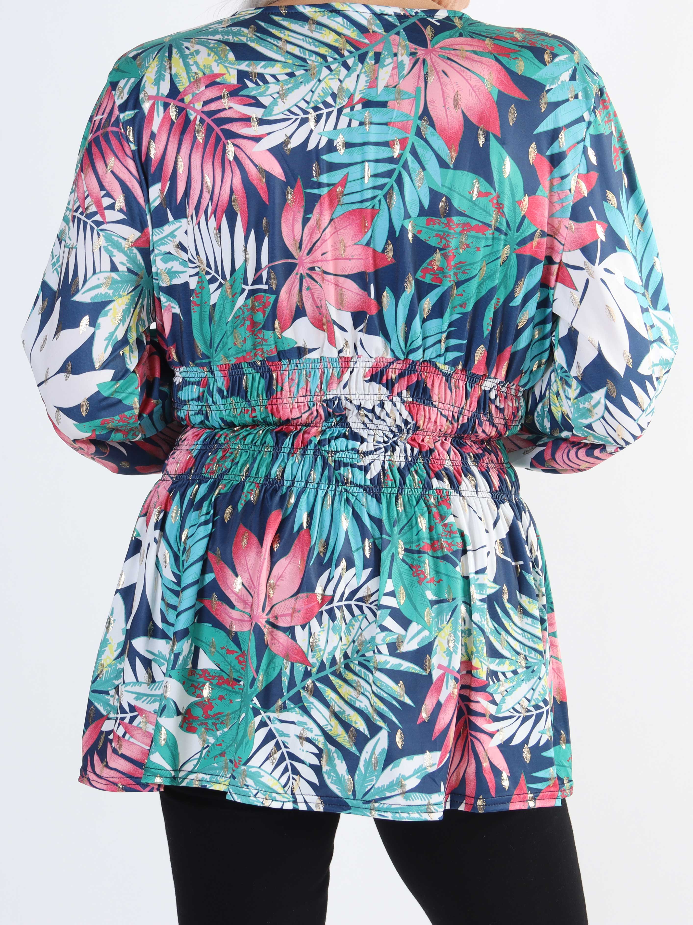 Pams Leaf Shirt L/S - Elastisk plus size blus i skrynkelfritt tyg