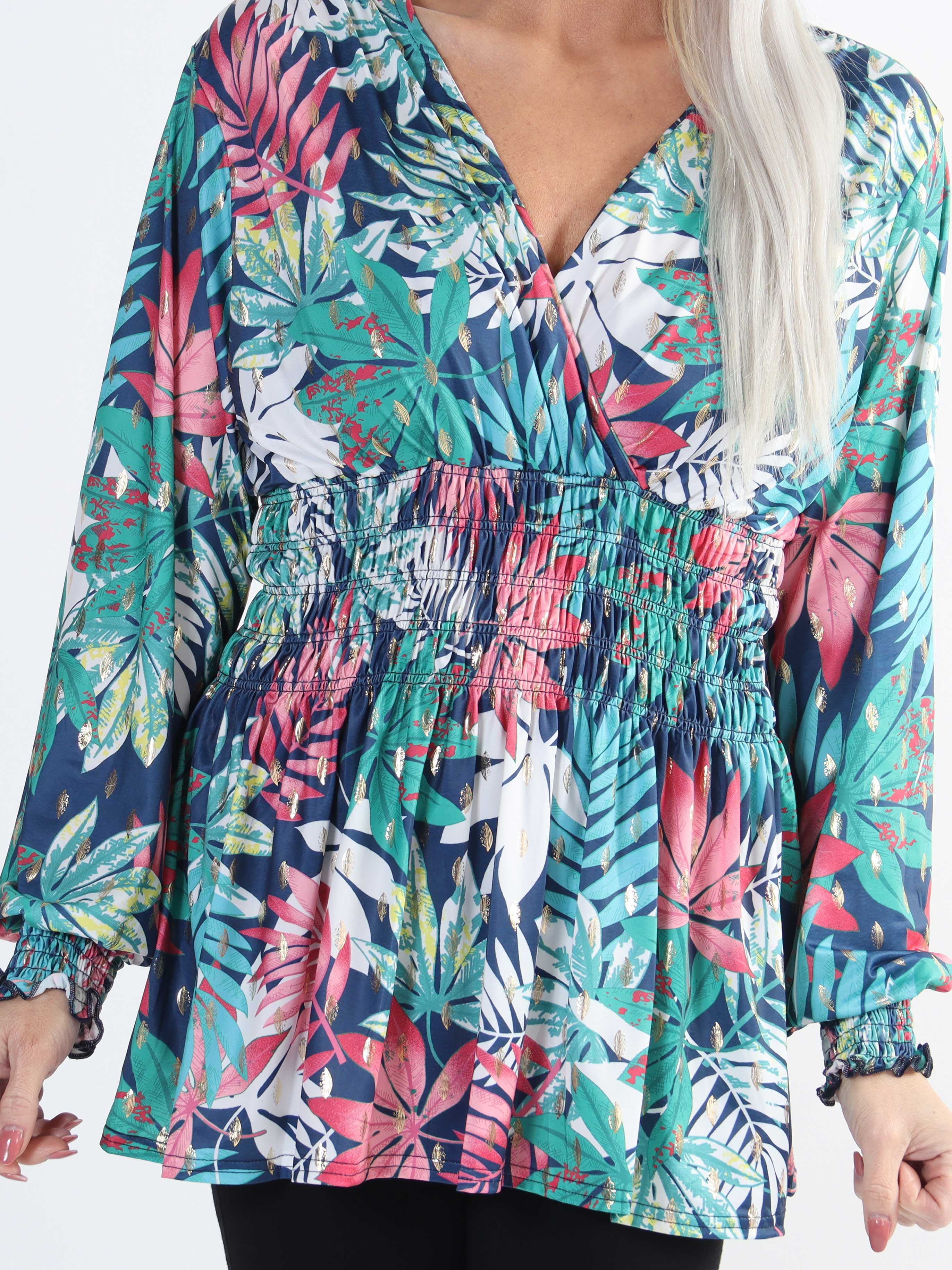 Pams Leaf Shirt L/S - Elastisk plus size blus i skrynkelfritt tyg