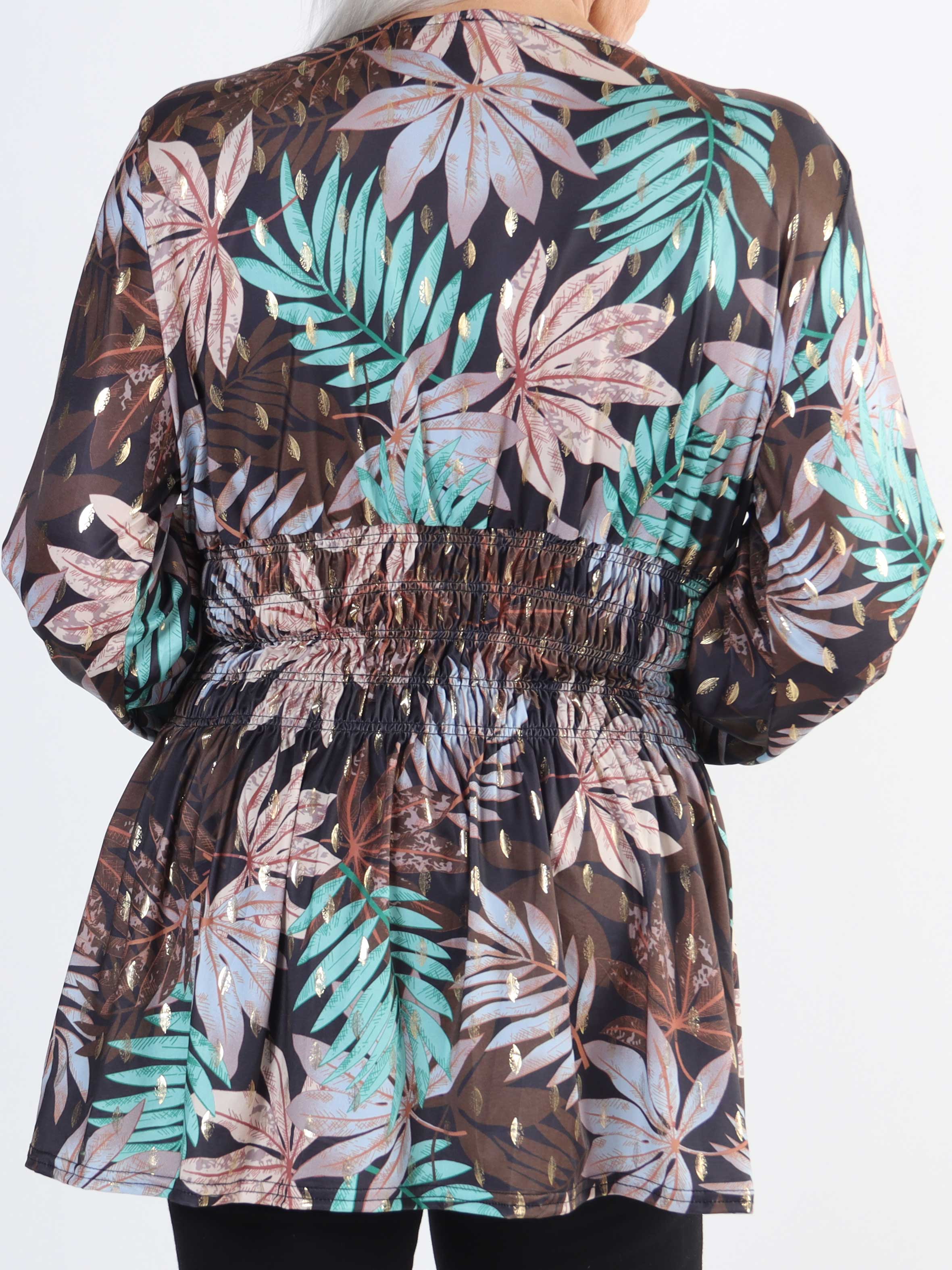 Pams Leaf Shirt L/S - Elastisk plus size blus i skrynkelfritt tyg
