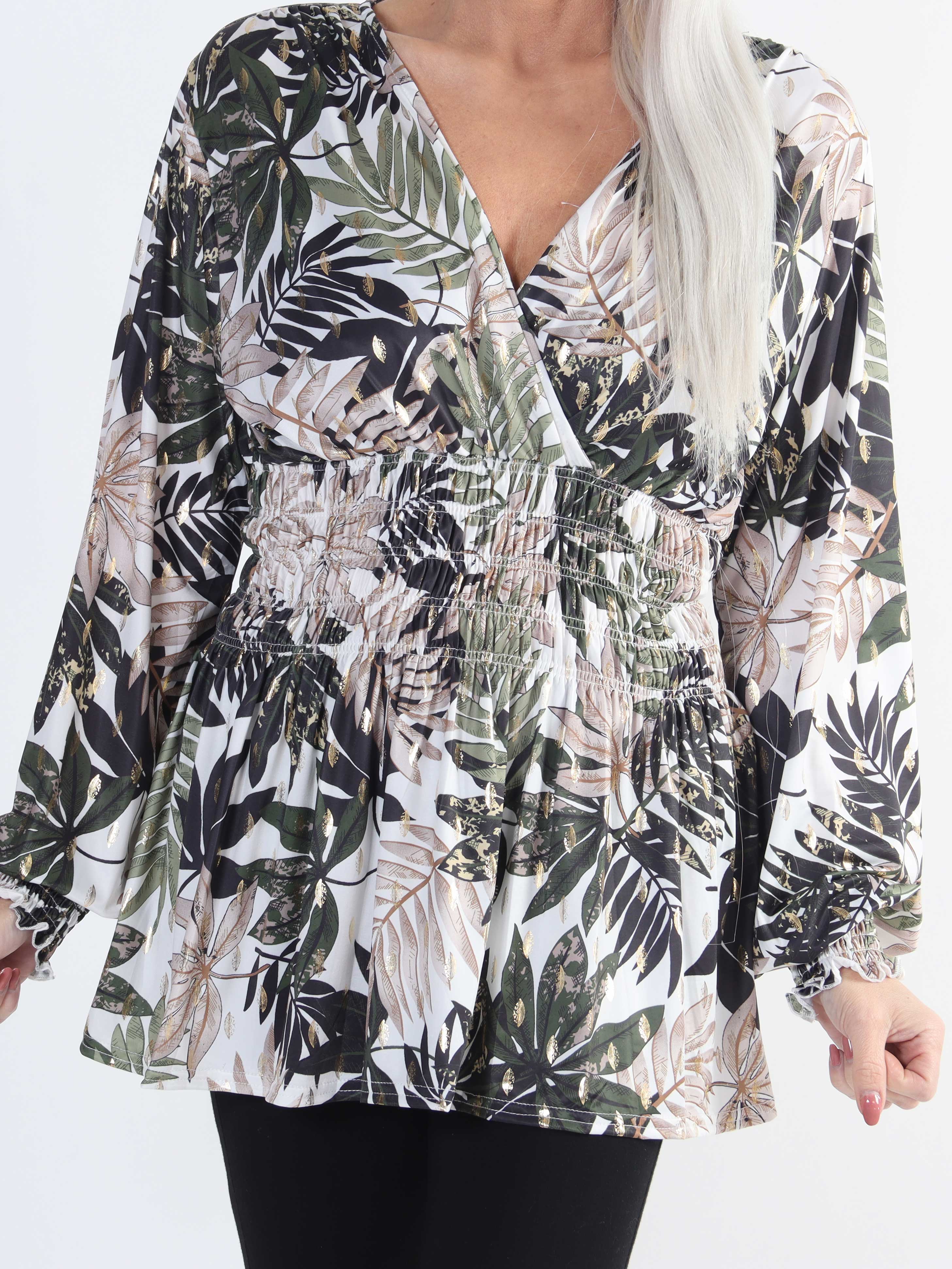 Pams Leaf Shirt L/S - Elastisk plus size blus i skrynkelfritt tyg
