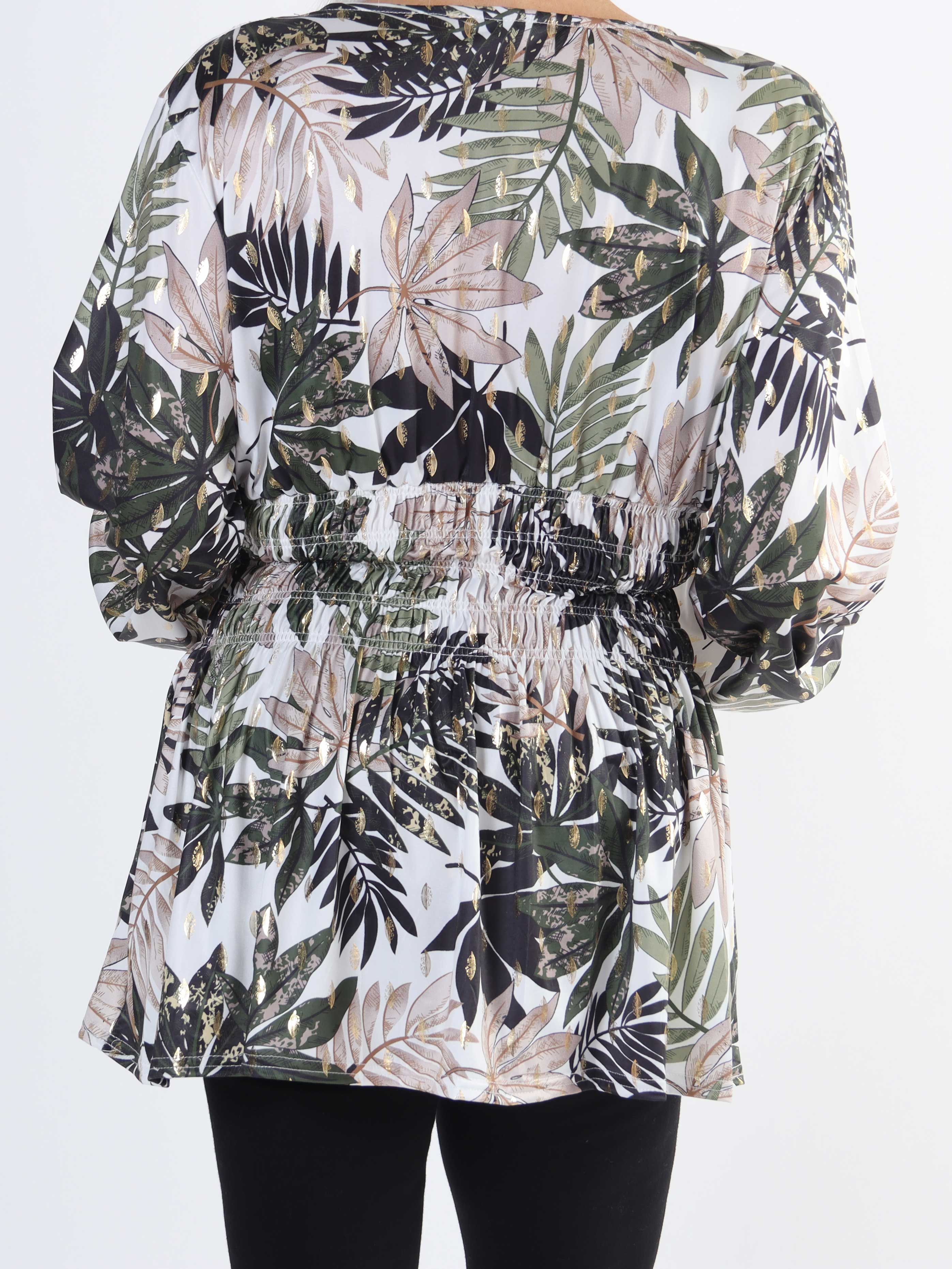 Pams Leaf Shirt L/S - Elastisk plus size blus i skrynkelfritt tyg