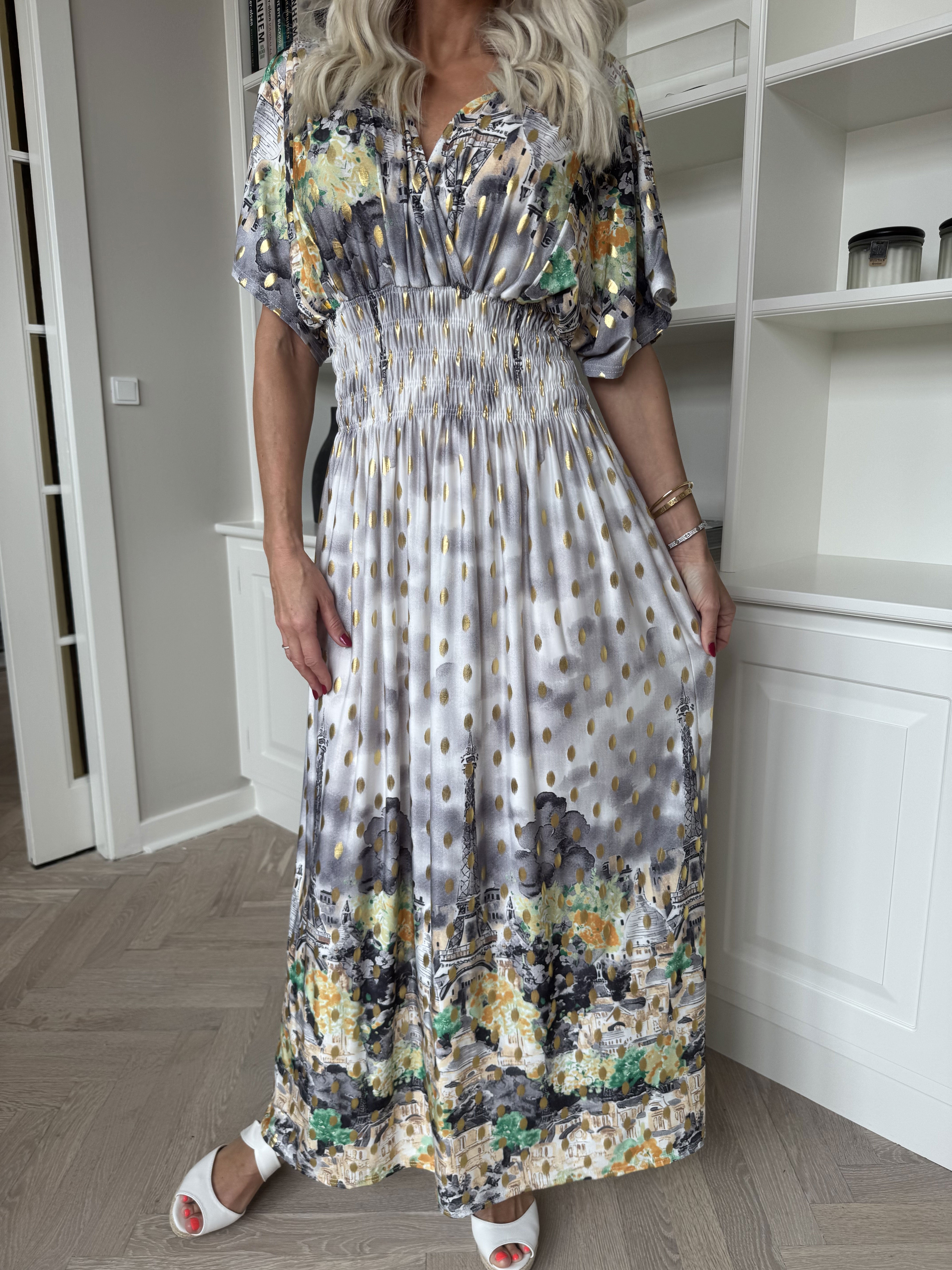 Pams Paris - Lång elastisk mönstrad klänning med guldnitar