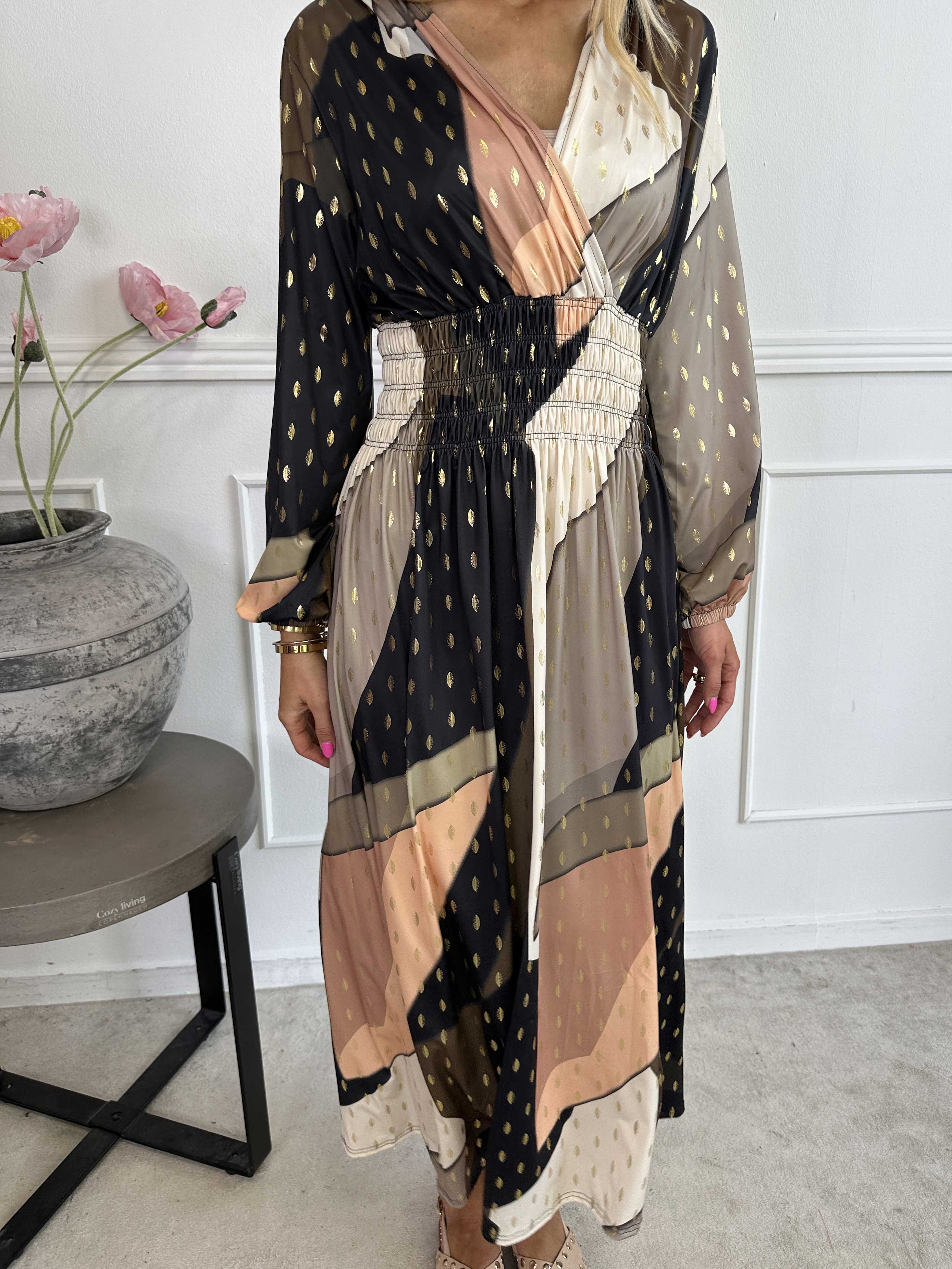 Pams Abstract L/S - Elastisk flerfärgad klänning med gulddetaljer