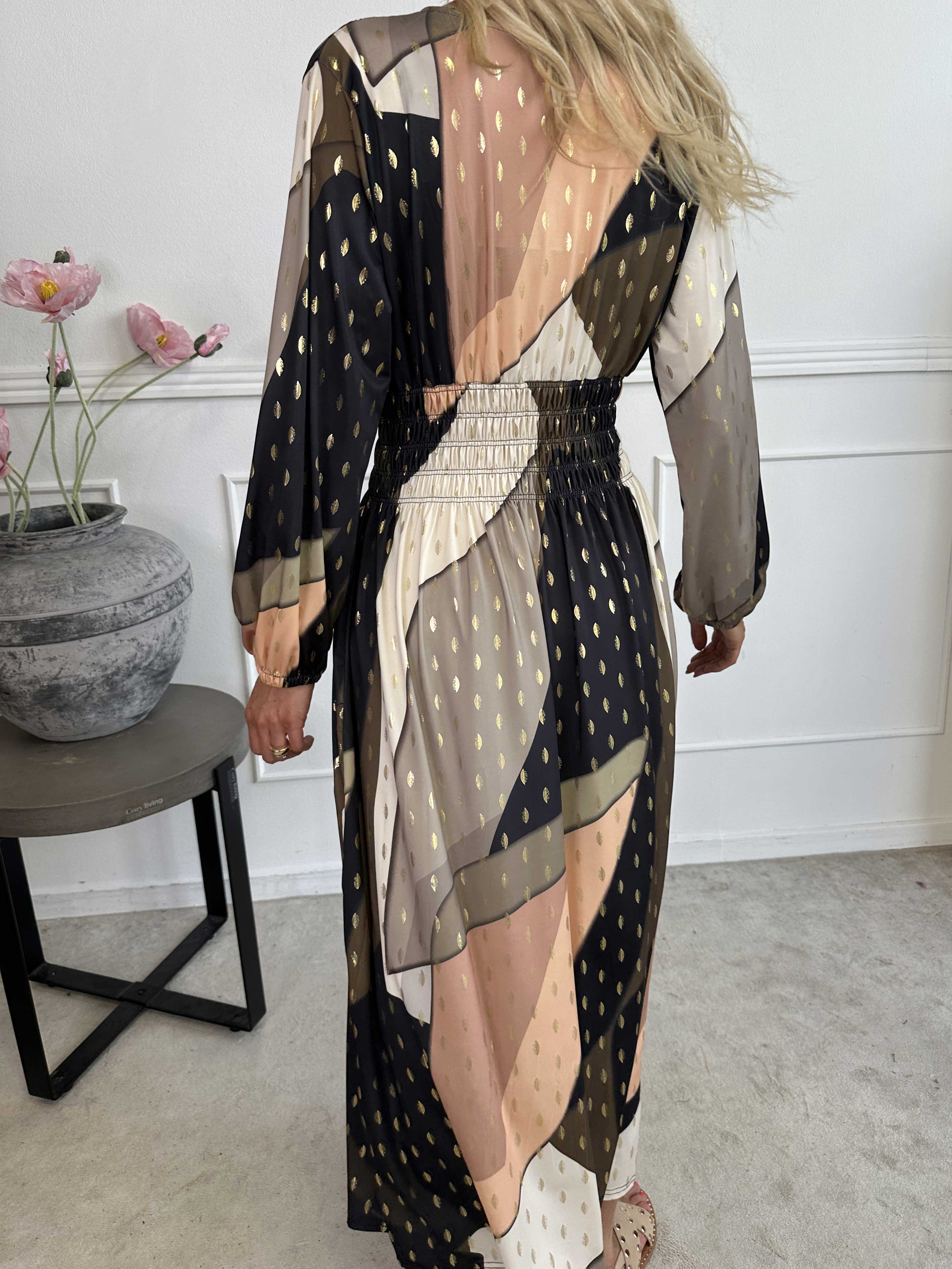 Pams Abstract L/S - Elastisk flerfärgad klänning med gulddetaljer