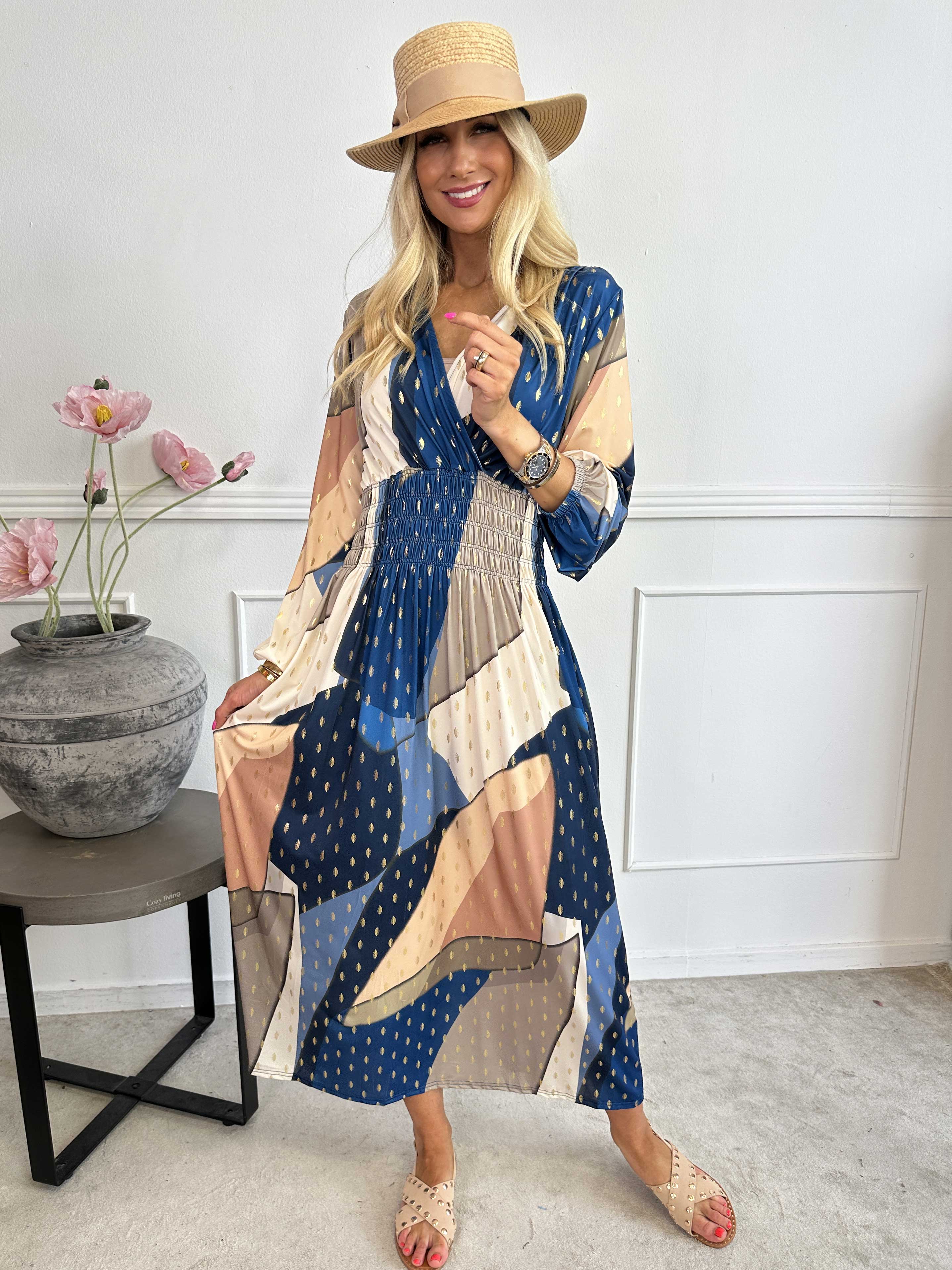 Pams Abstract L/S - Elastisk flerfärgad klänning med gulddetaljer