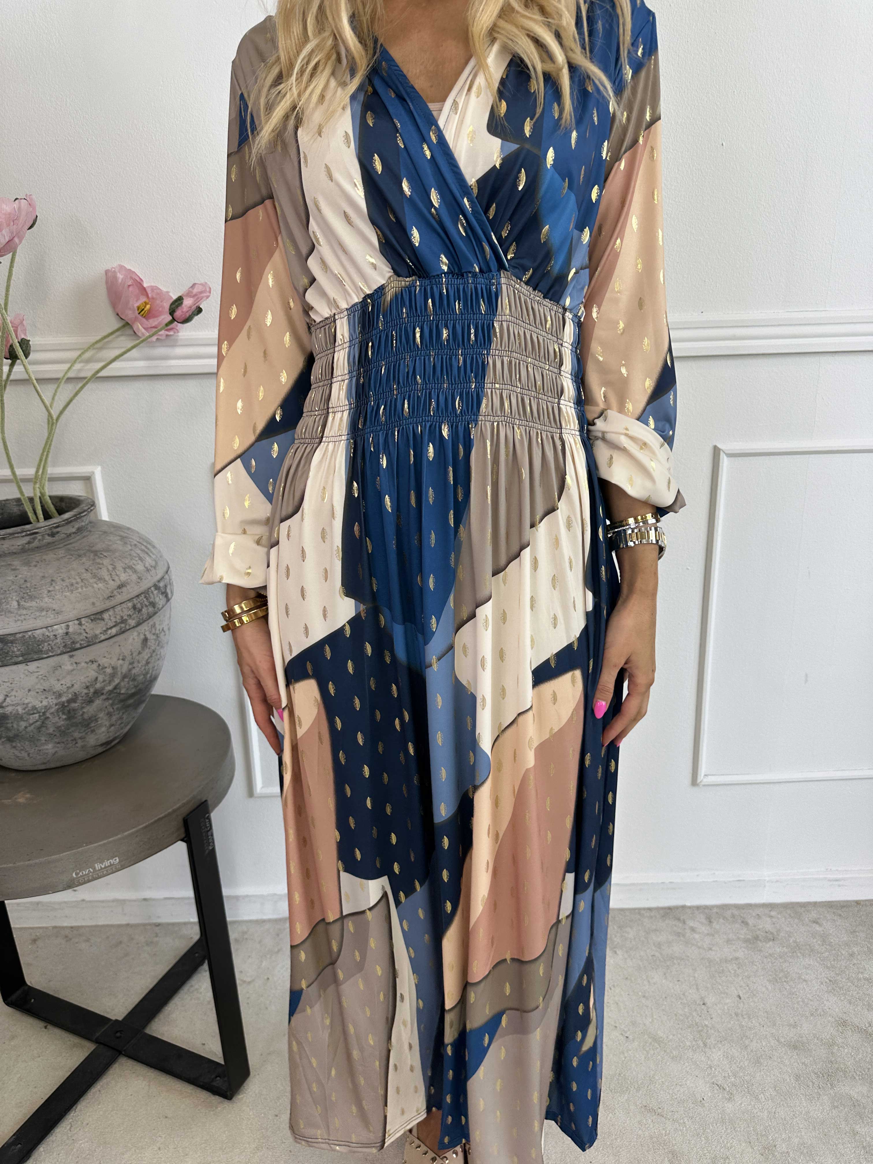 Pams Abstract L/S - Elastisk flerfärgad klänning med gulddetaljer