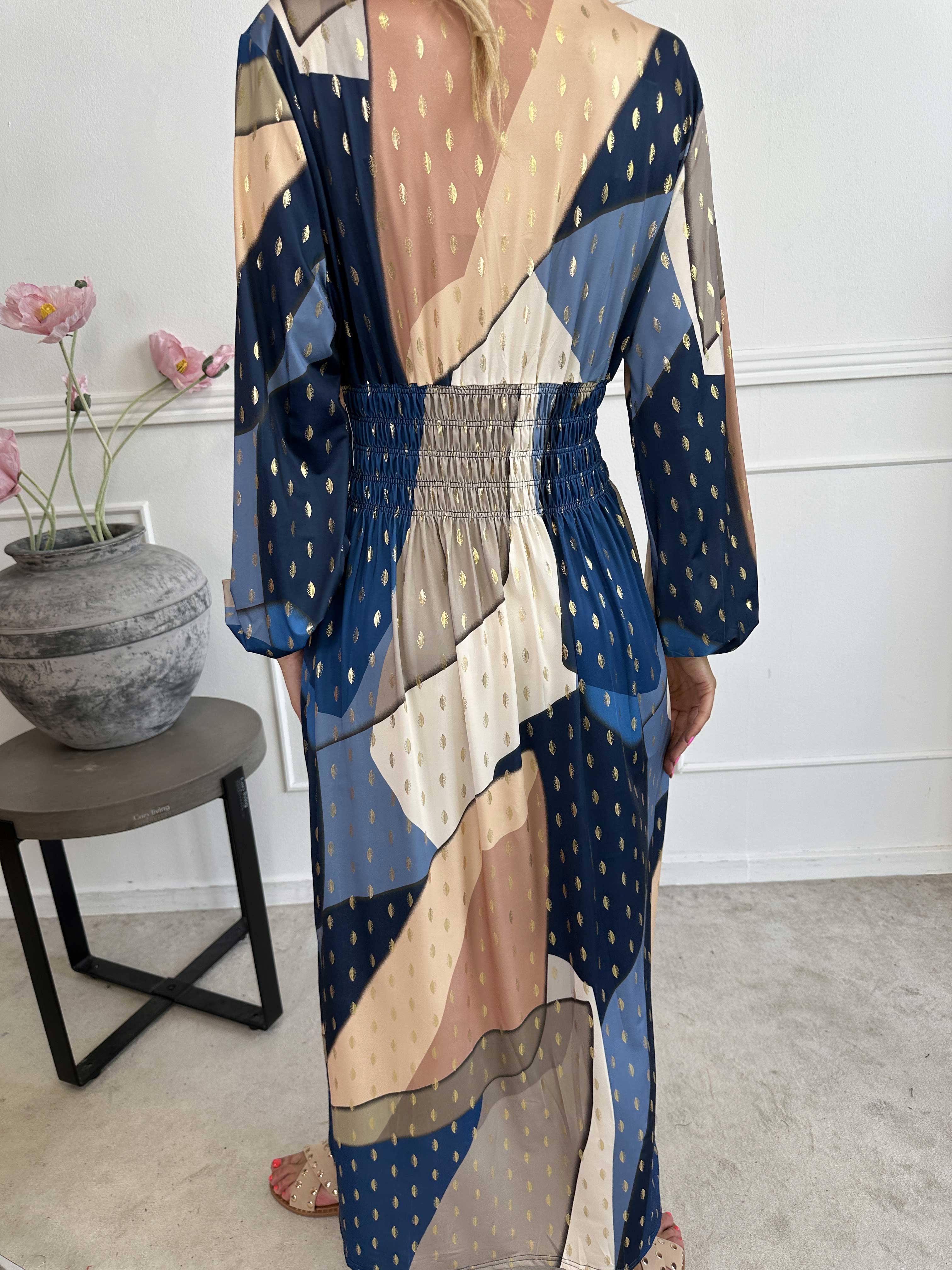 Pams Abstract L/S - Elastisk flerfärgad klänning med gulddetaljer