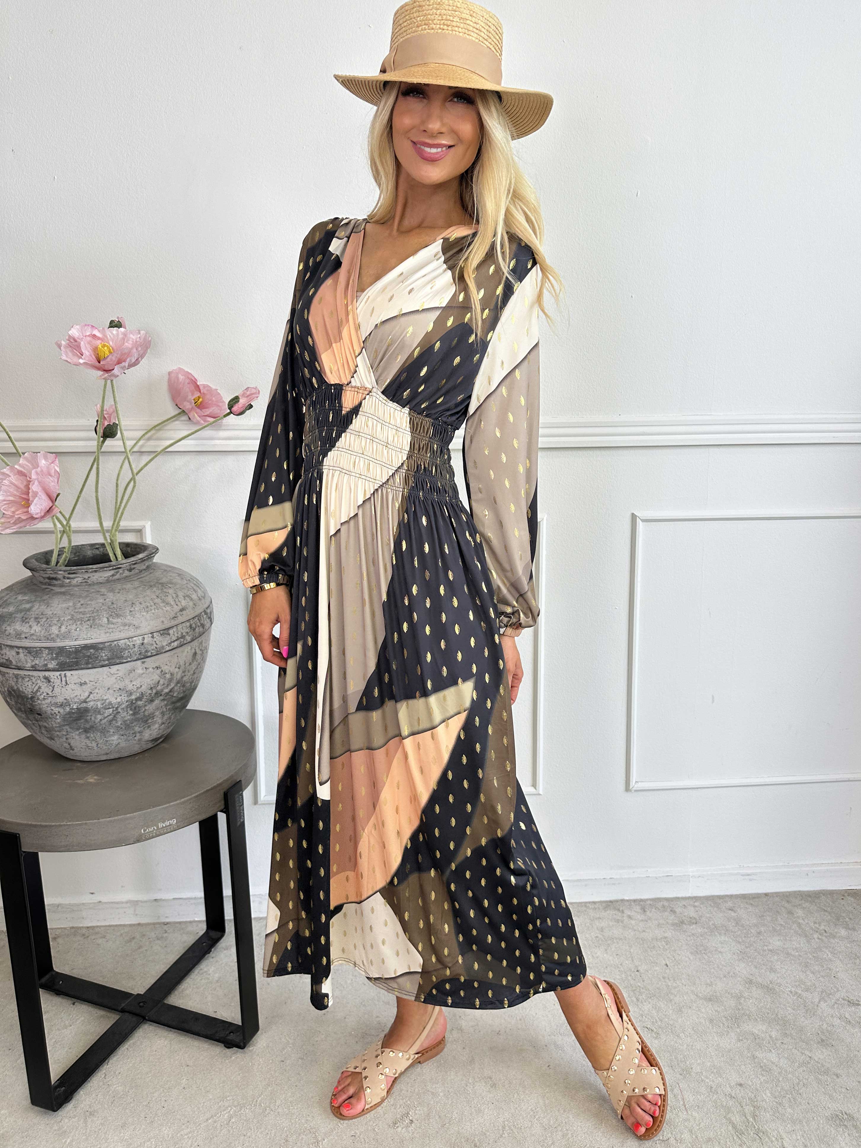 Pams Abstract L/S - Elastisk flerfärgad klänning med gulddetaljer