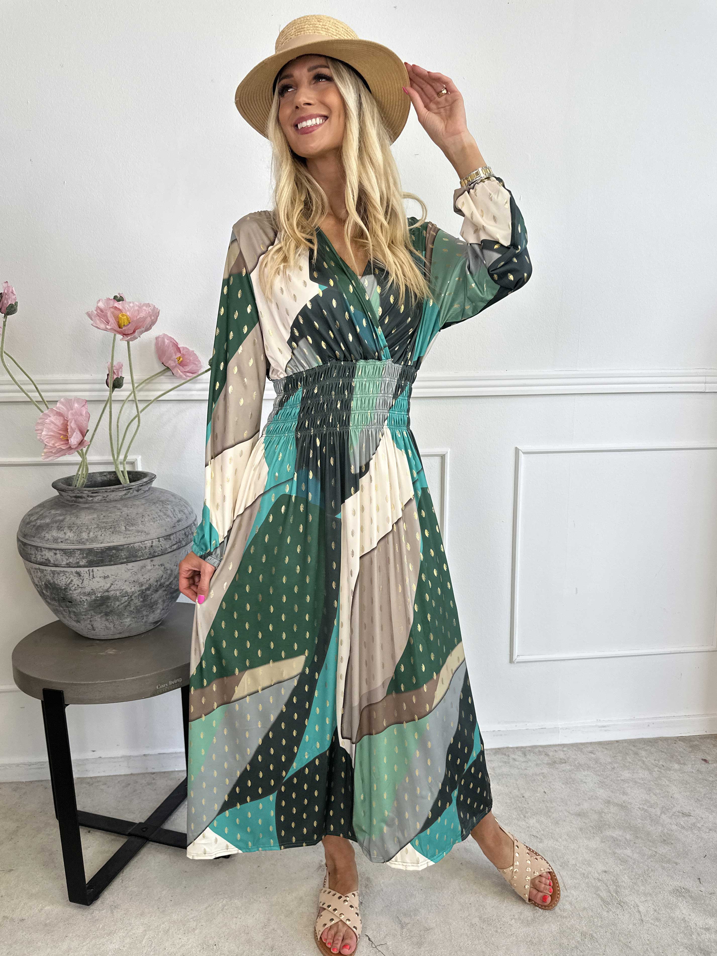 Pams Abstract L/S - Elastisk flerfärgad klänning med gulddetaljer