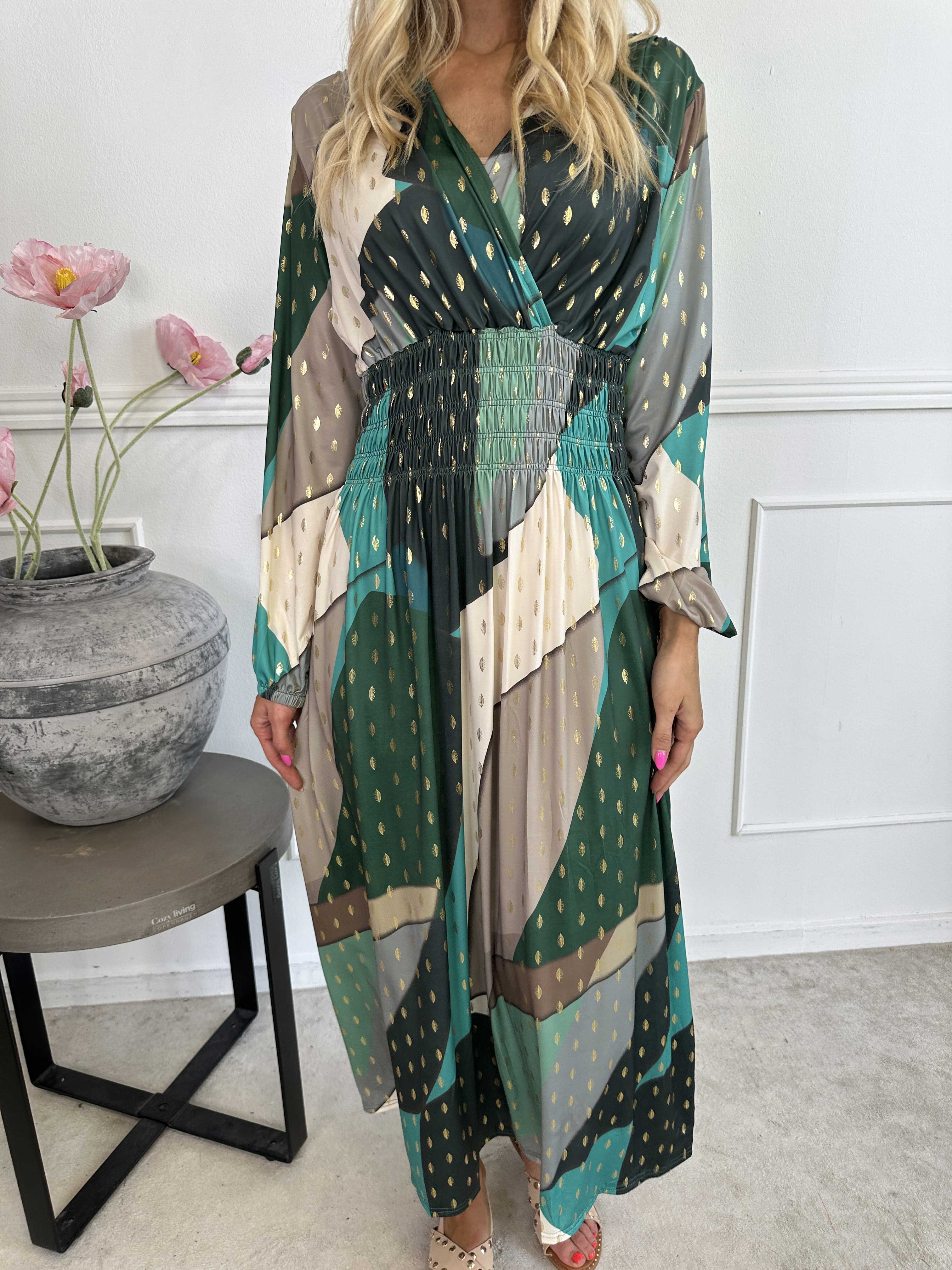 Pams Abstract L/S - Elastisk flerfärgad klänning med gulddetaljer