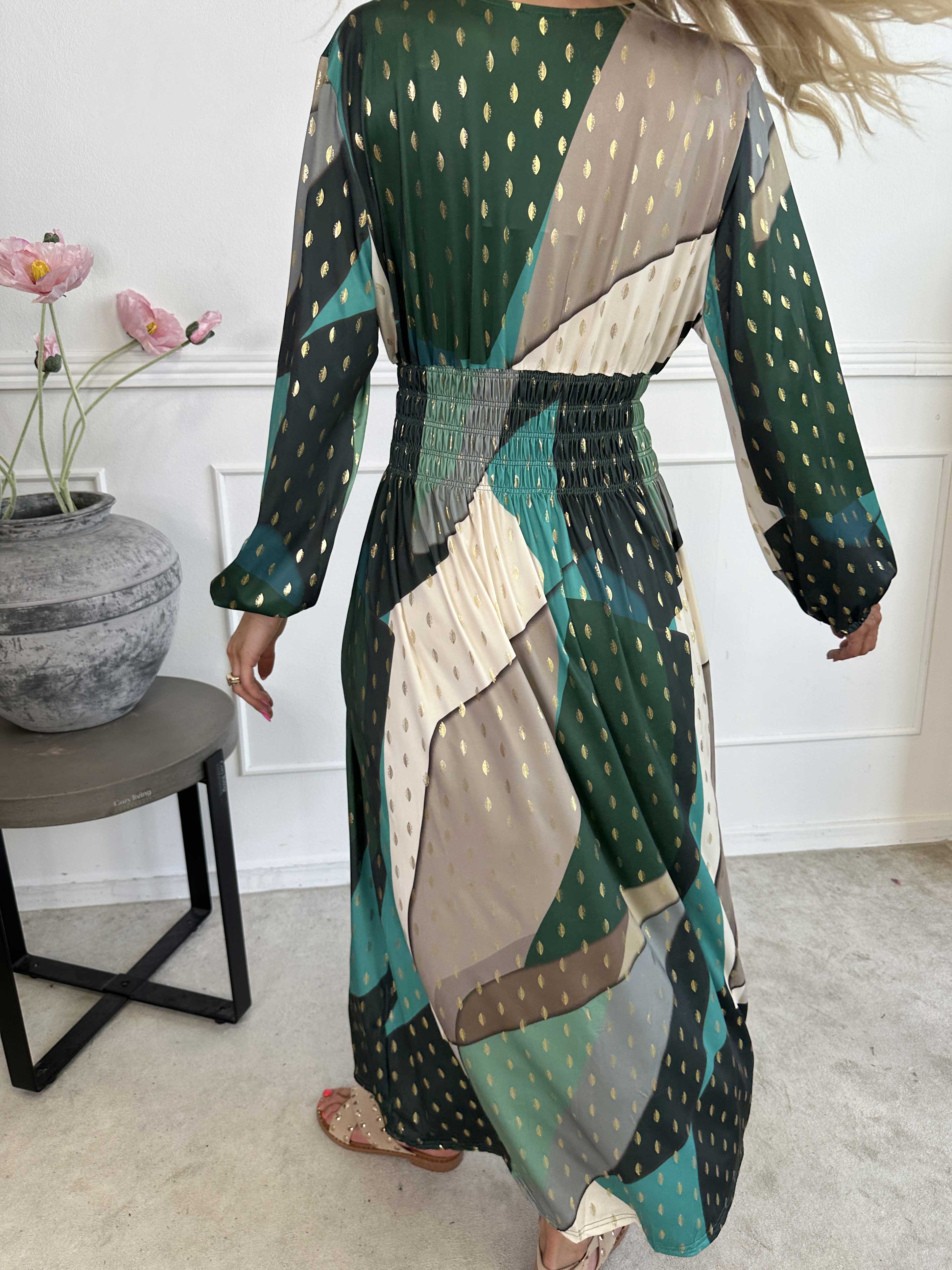 Pams Abstract L/S - Elastisk flerfärgad klänning med gulddetaljer