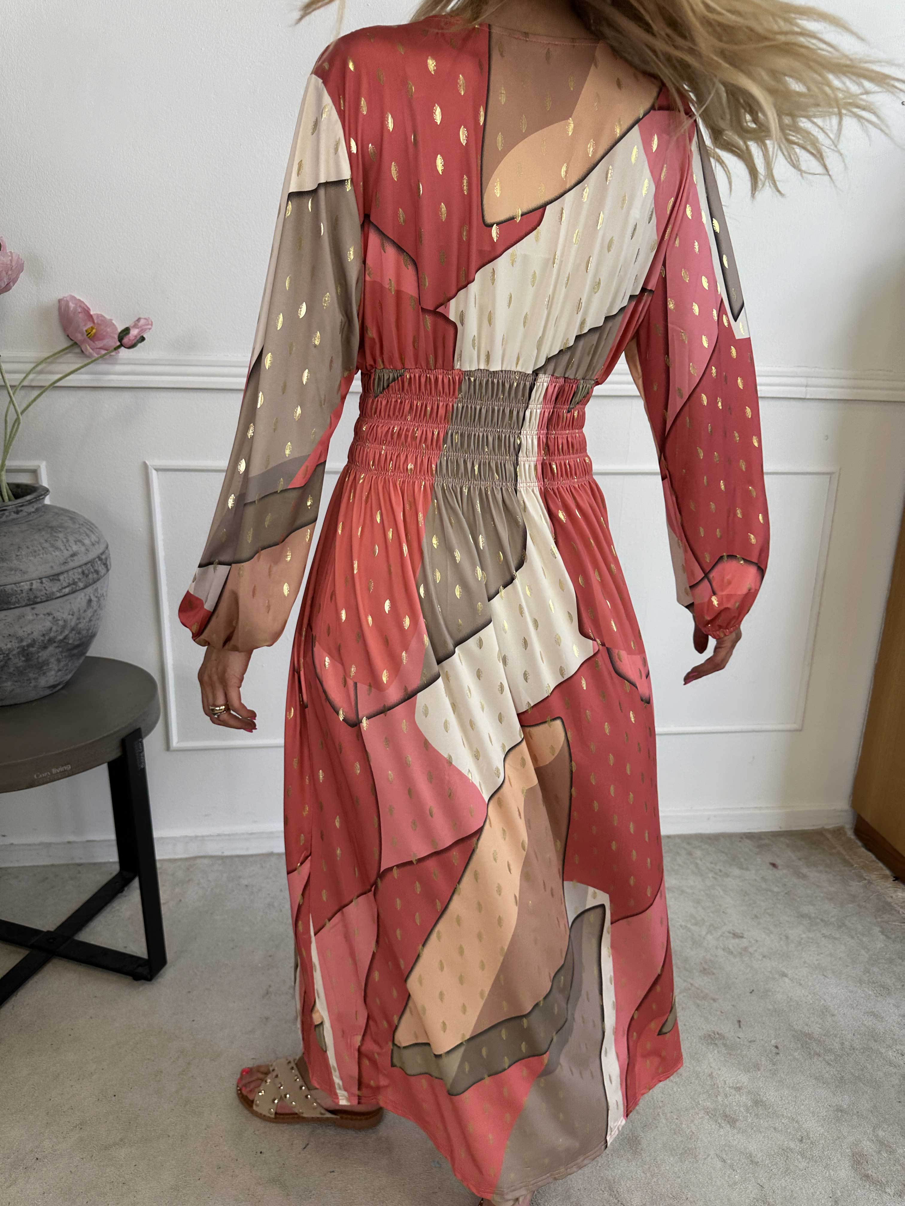 Pams Abstract L/S - Elastisk flerfärgad klänning med gulddetaljer