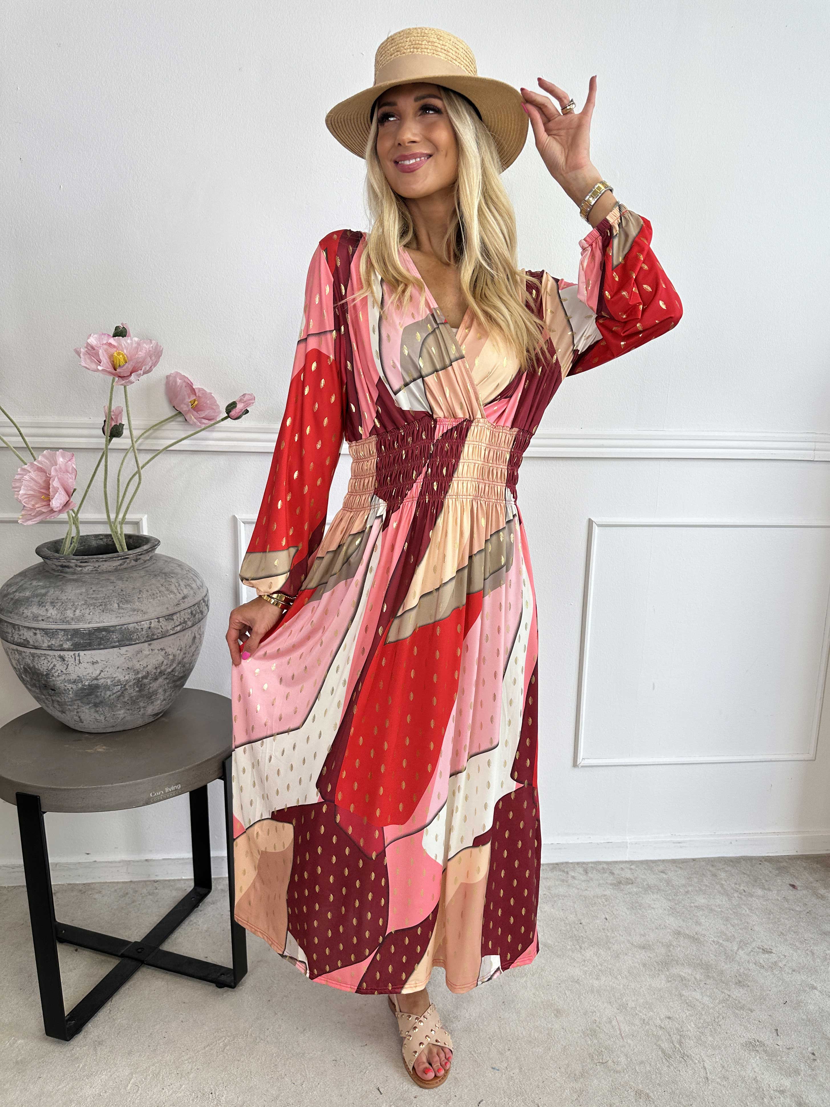 Pams Abstract L/S - Elastisk flerfärgad klänning med gulddetaljer