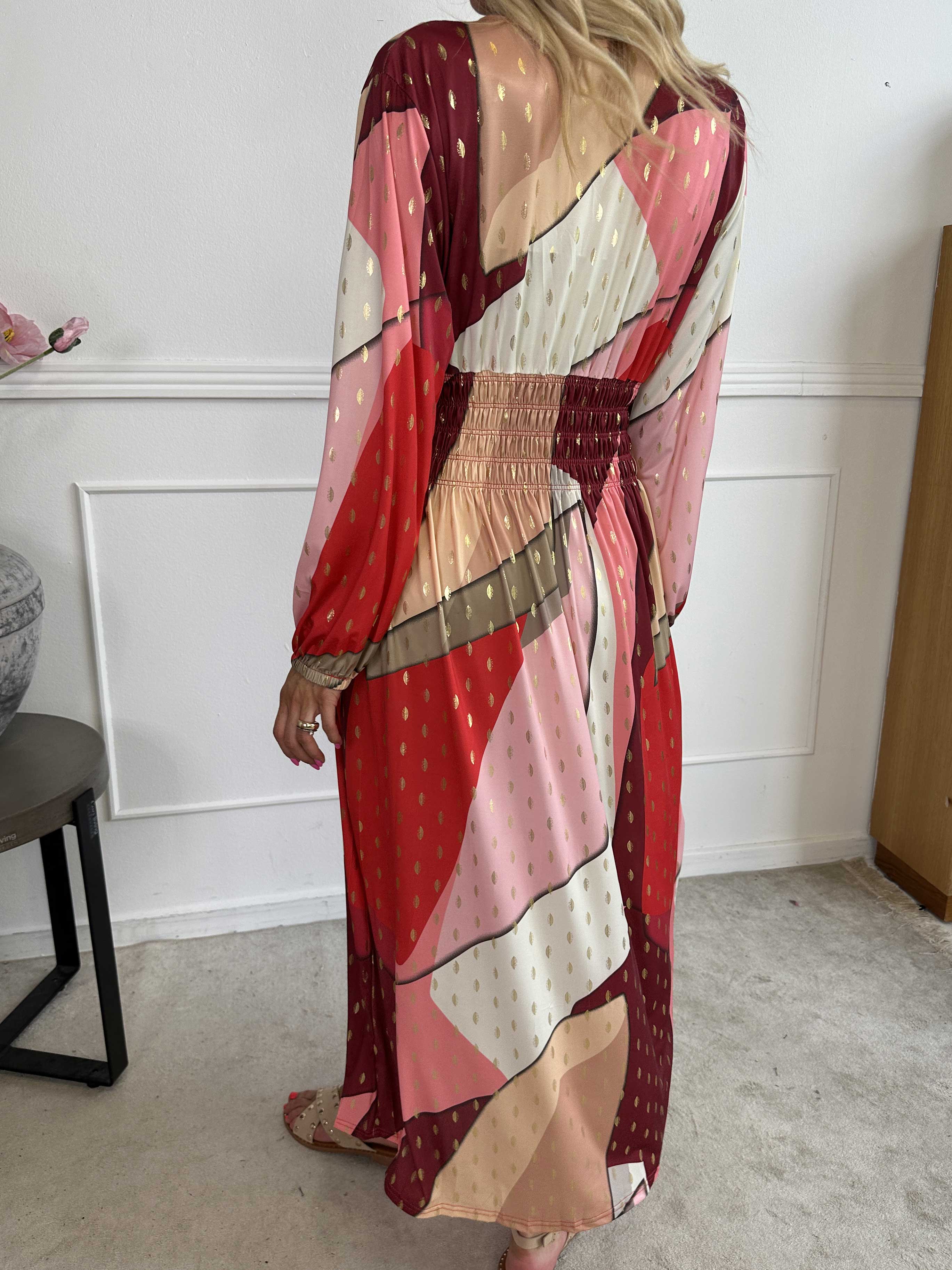 Pams Abstract L/S - Elastisk flerfärgad klänning med gulddetaljer