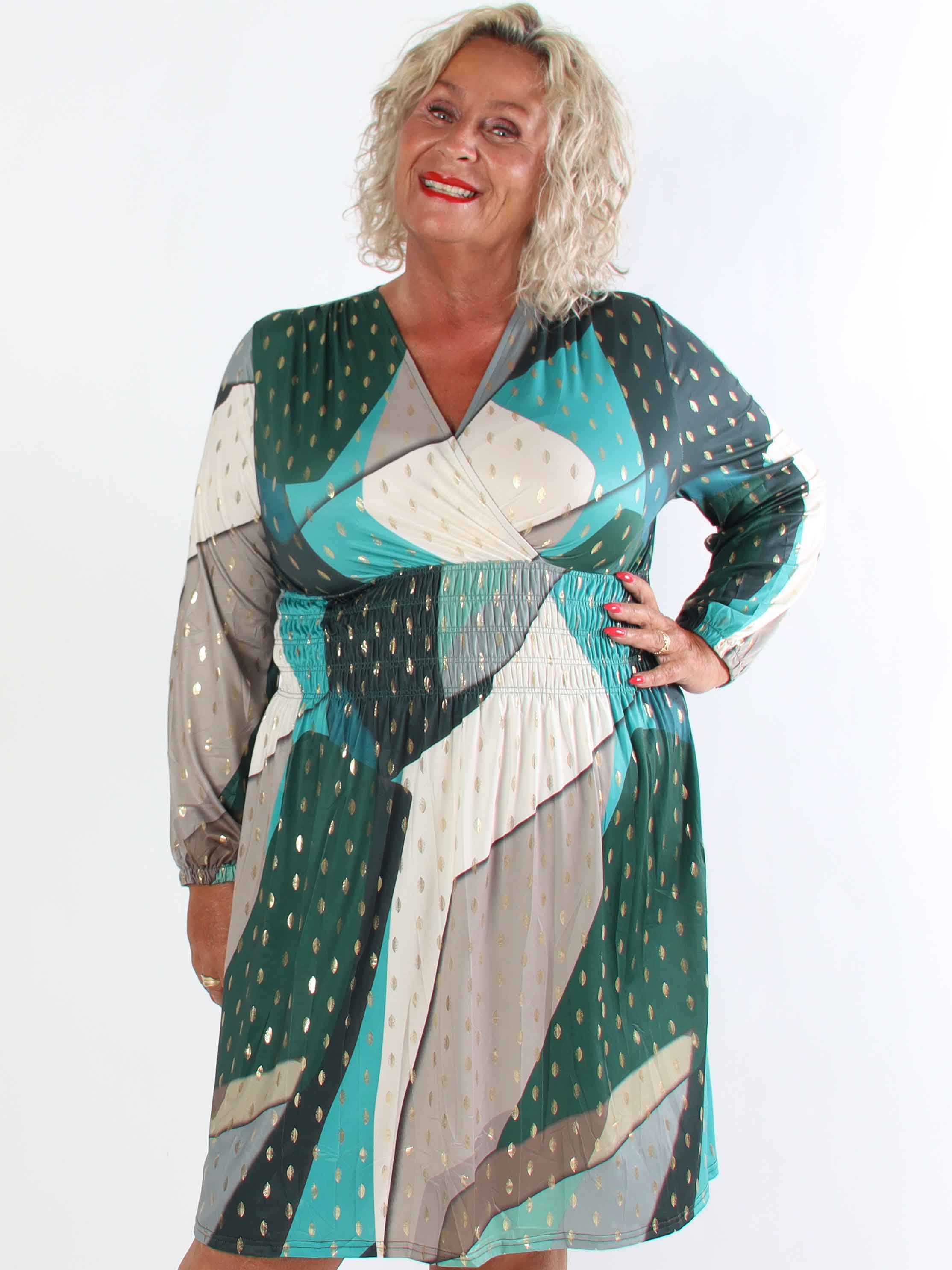 Pams Abstract Short L/S - Elastisk flerfärgad plus size klänning med gulddetaljer