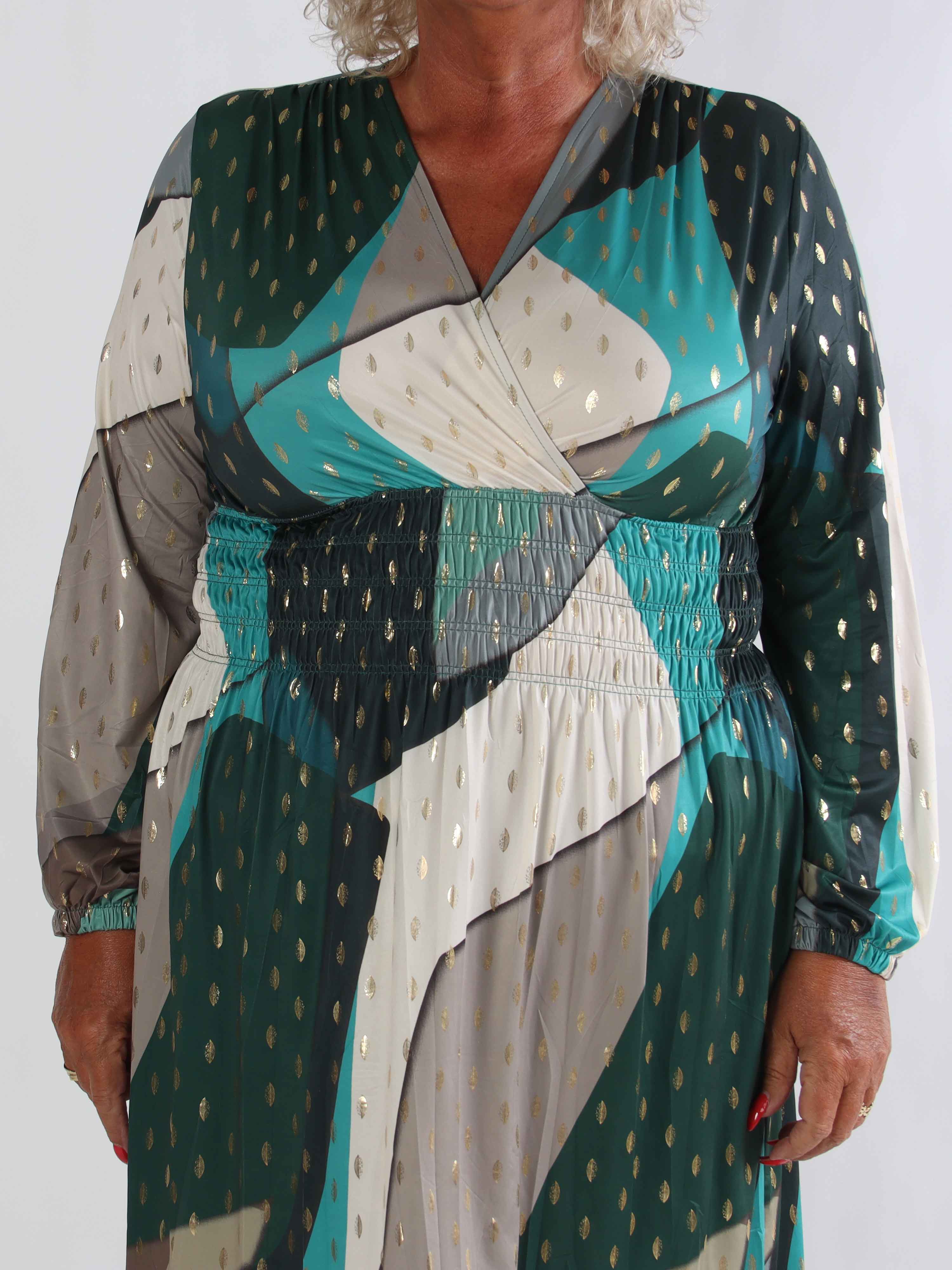 Pams Abstract Short L/S - Elastisk flerfärgad plus size klänning med gulddetaljer