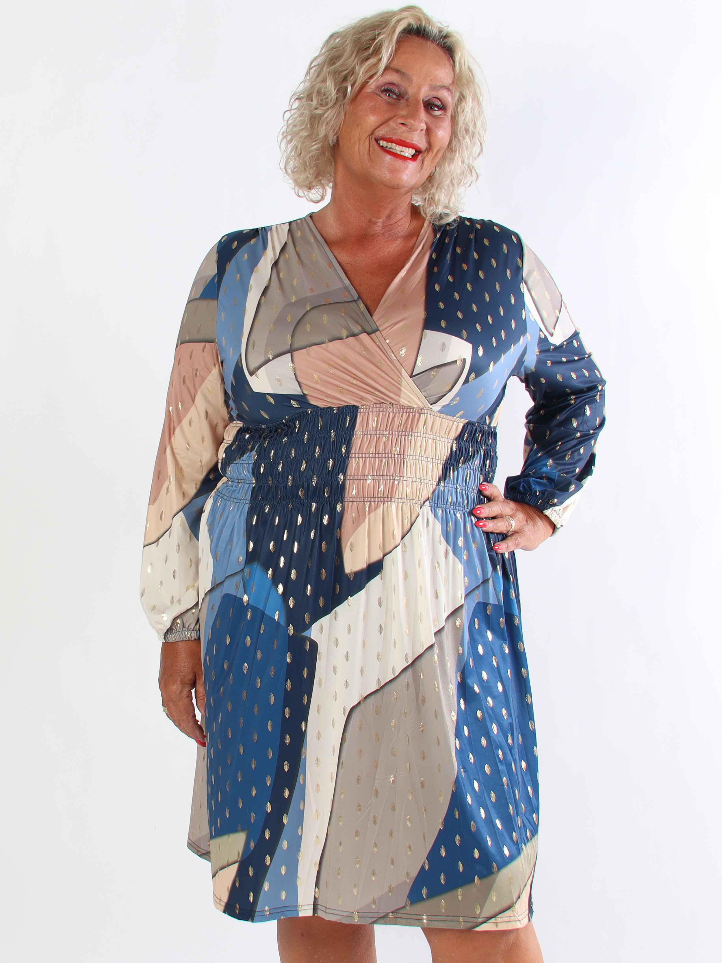 Pams Abstract Short L/S - Elastisk flerfärgad plus size klänning med gulddetaljer
