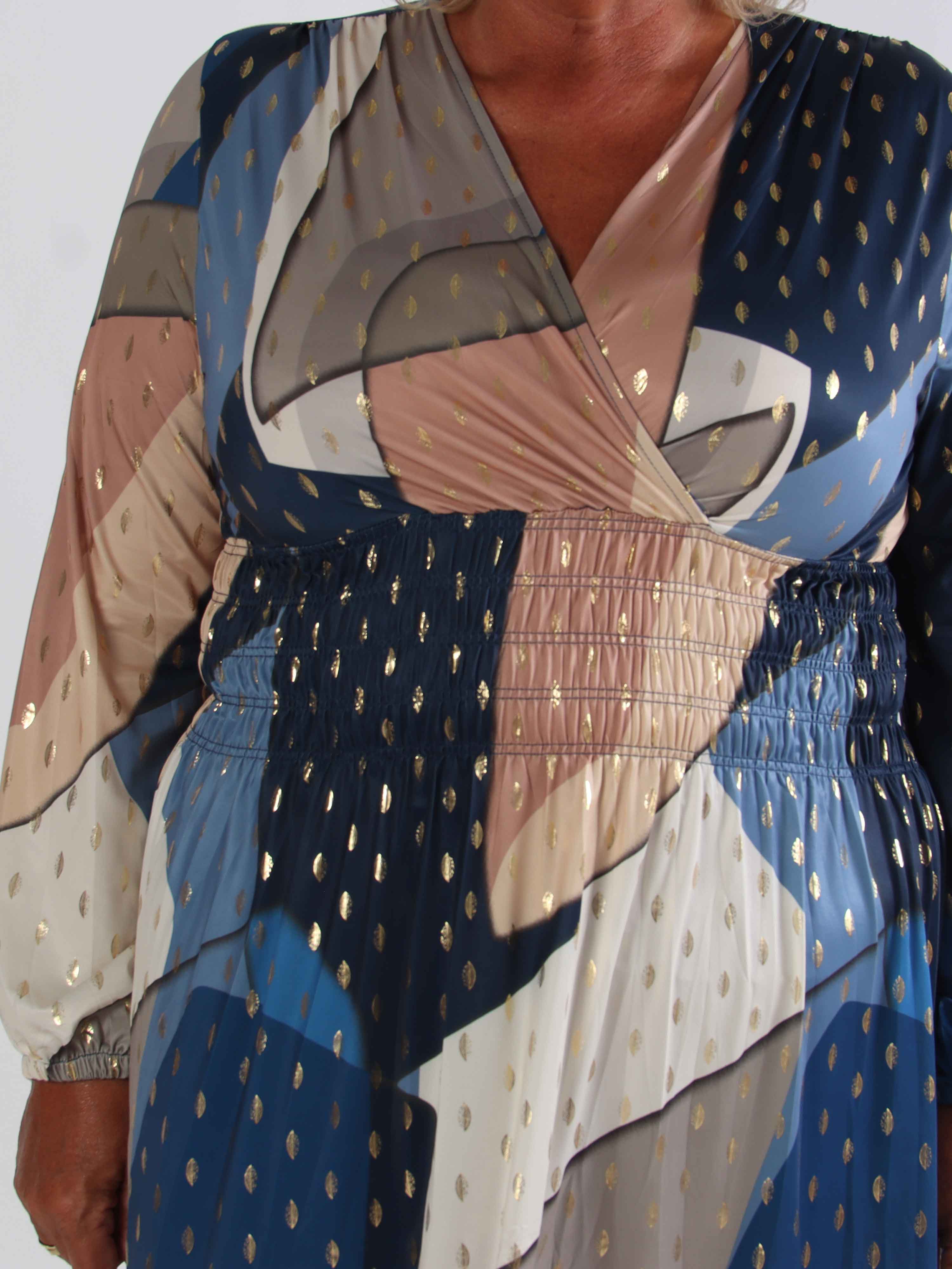 Pams Abstract Short L/S - Elastisk flerfärgad plus size klänning med gulddetaljer