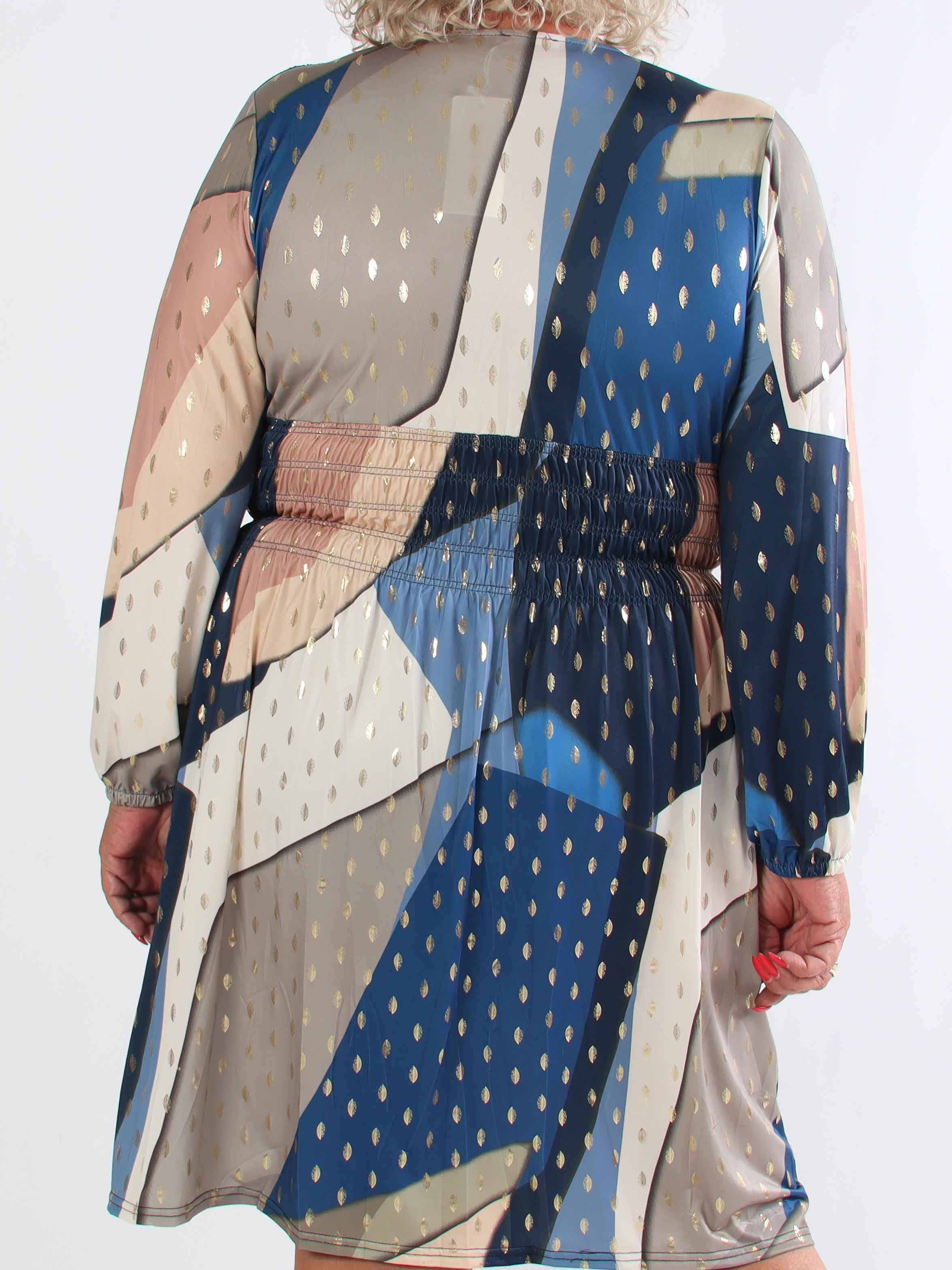 Pams Abstract Short L/S - Elastisk flerfärgad plus size klänning med gulddetaljer