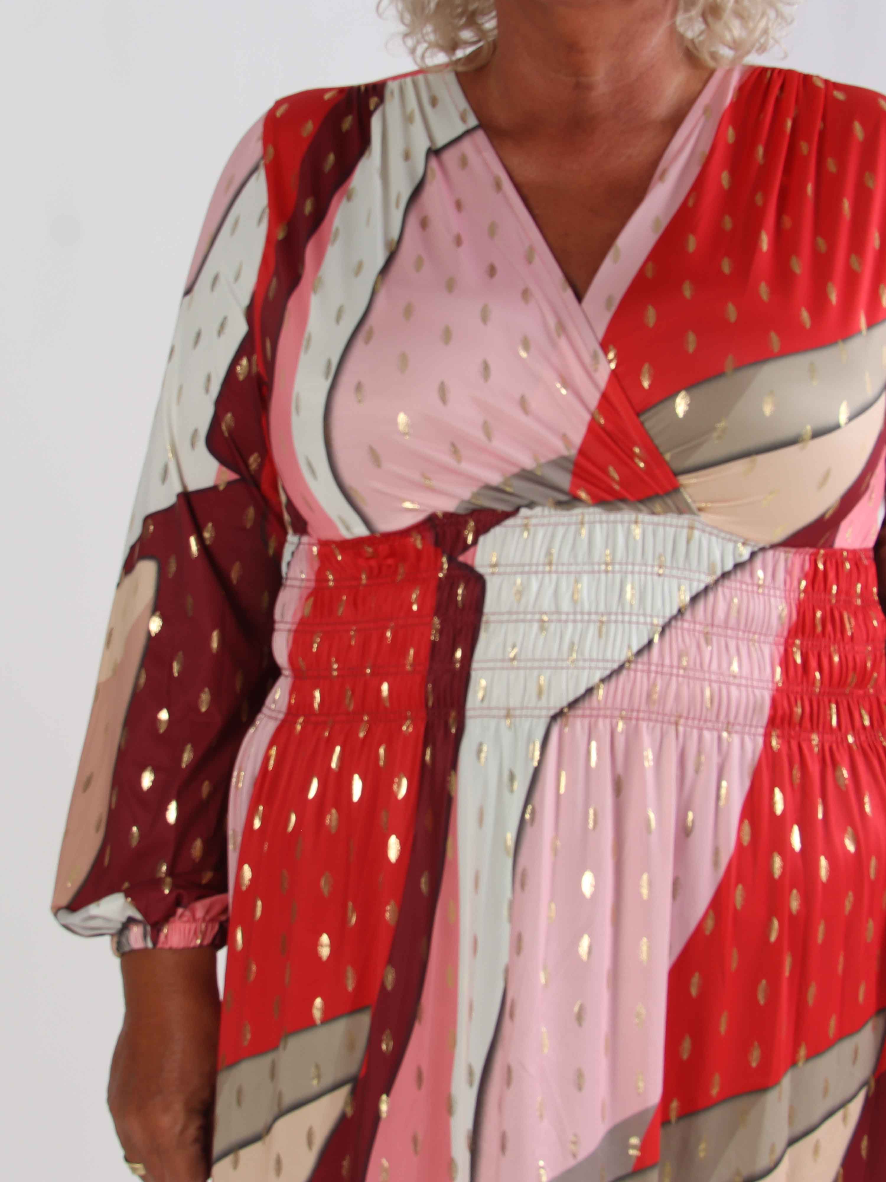 Pams Abstract Short L/S - Elastisk flerfärgad plus size klänning med gulddetaljer