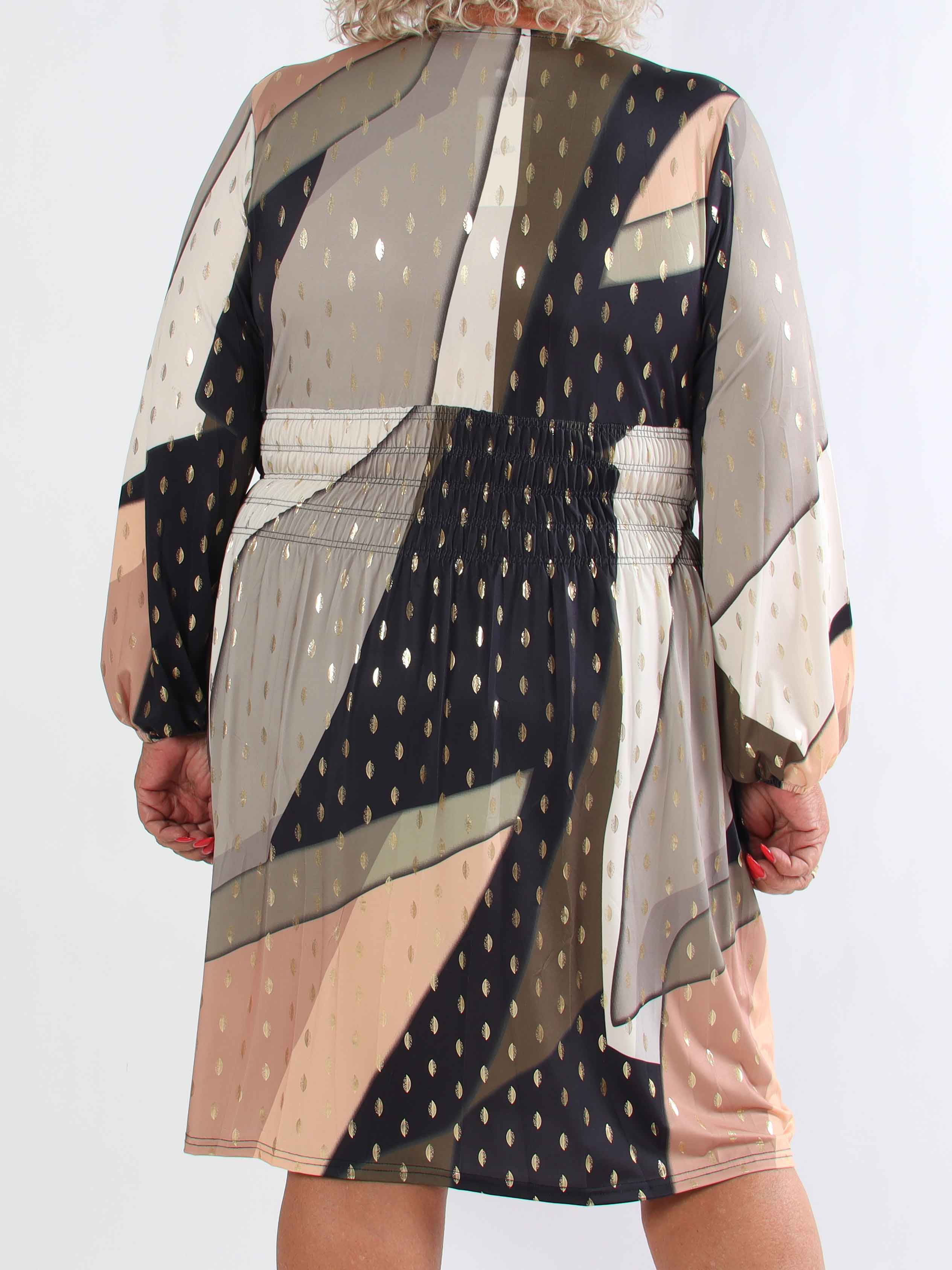 Pams Abstract Short L/S - Elastisk flerfärgad plus size klänning med gulddetaljer