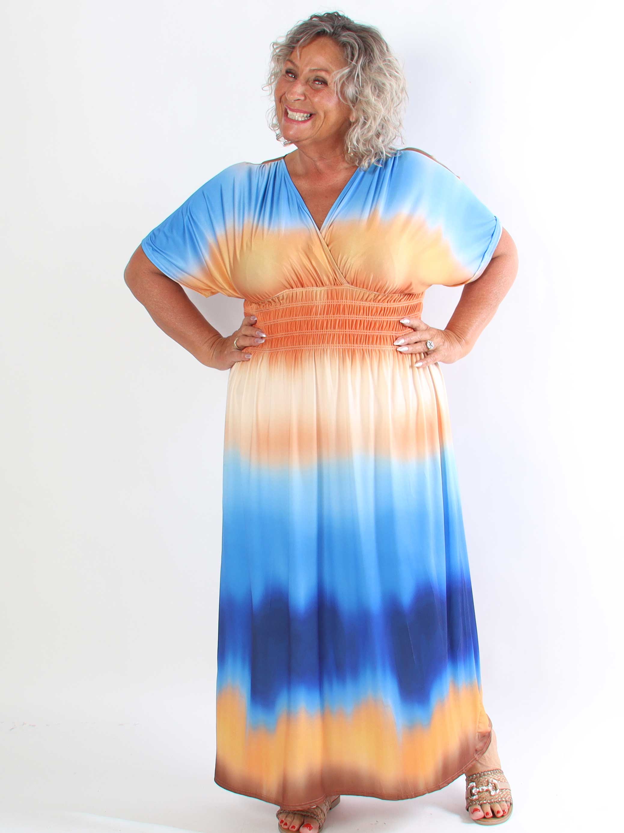 Pams Batik - Elastisk plus size flerfarvet kjole med smock i livet