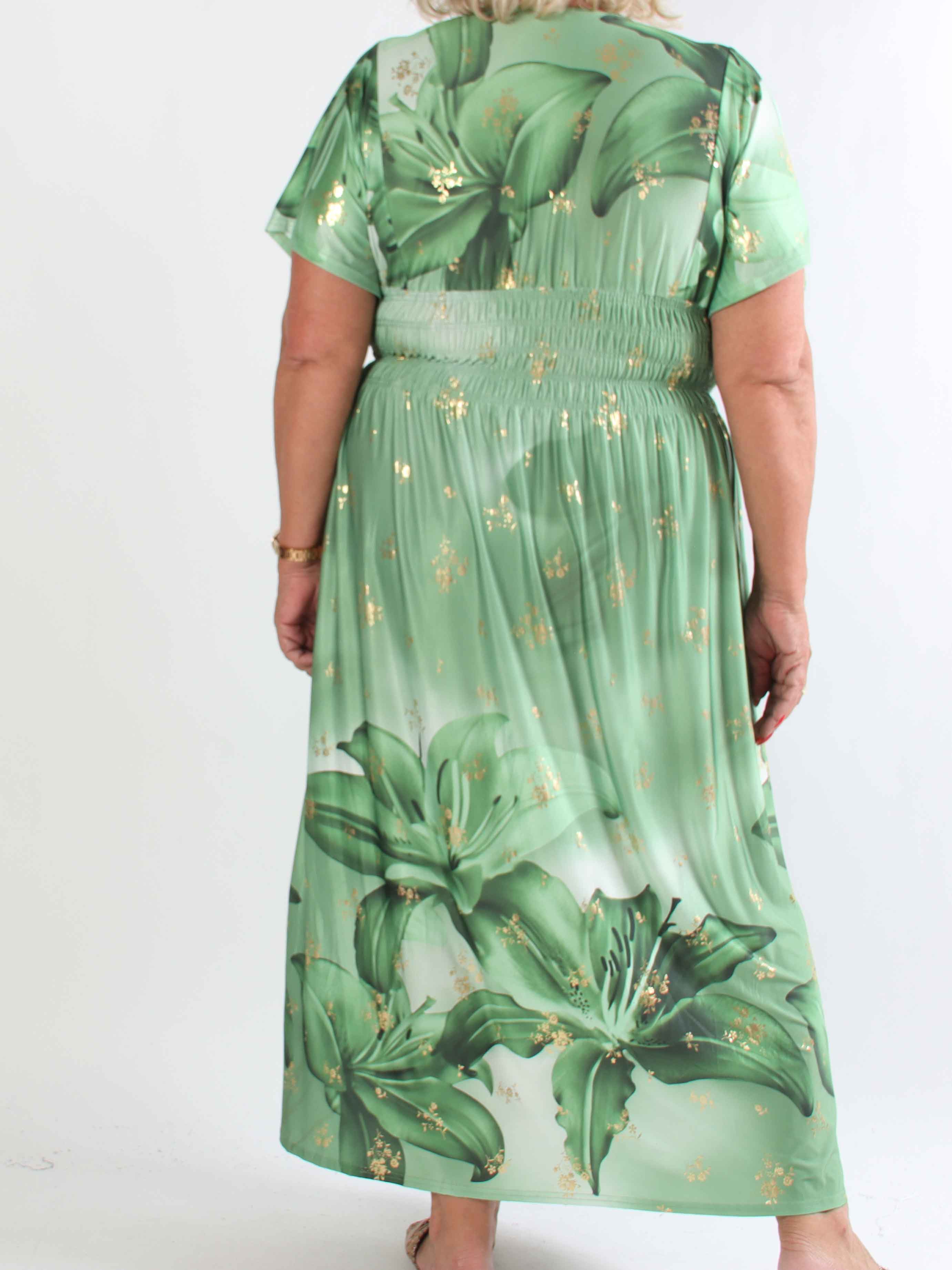 Pams Big Lily - Elastisk plus size klänning med stora liljor och gulddetaljer