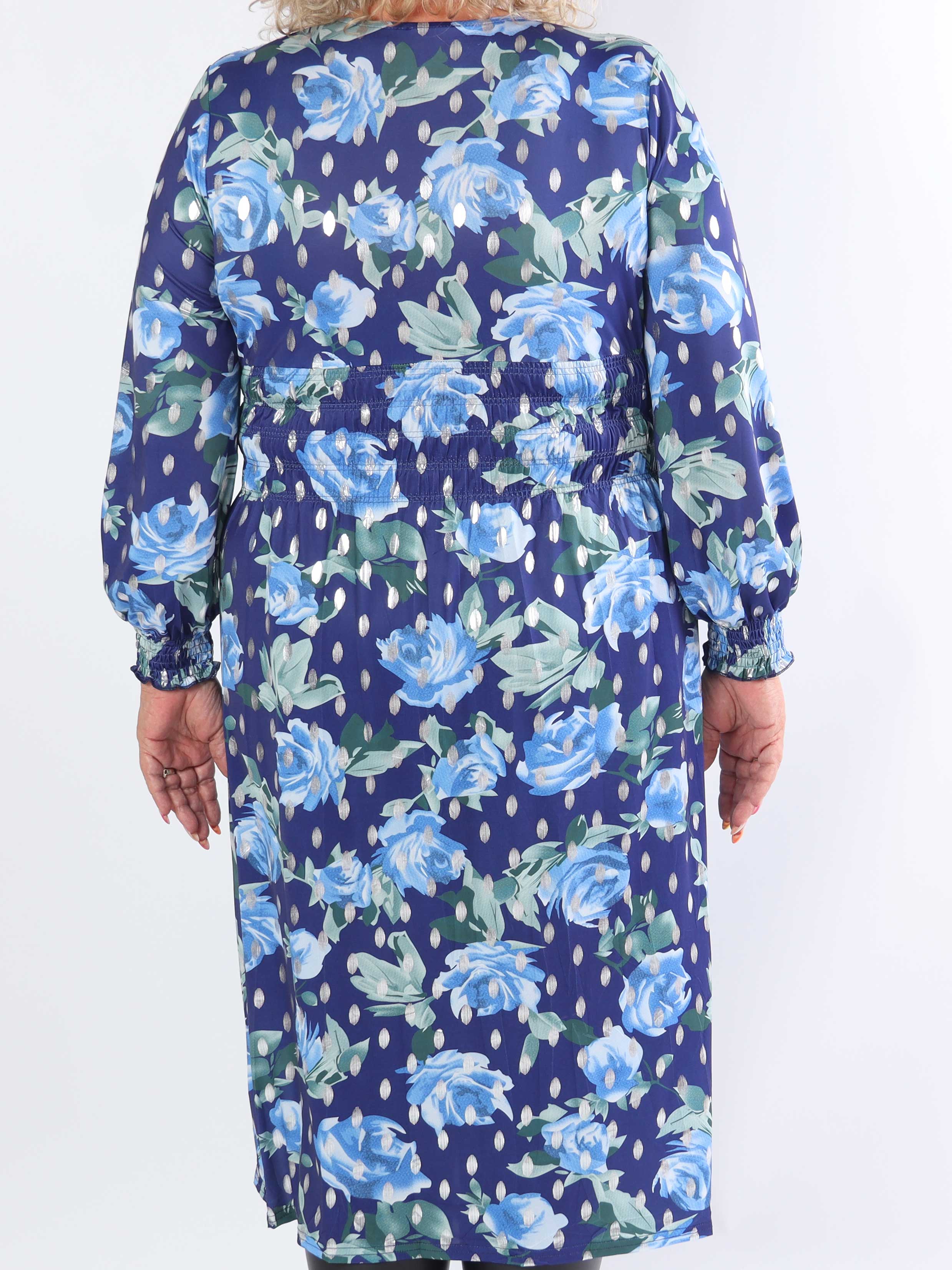 Pams Blossom Midi L/S - Elastisk plus size-klänning i skrynkelfritt tyg med silverprickar