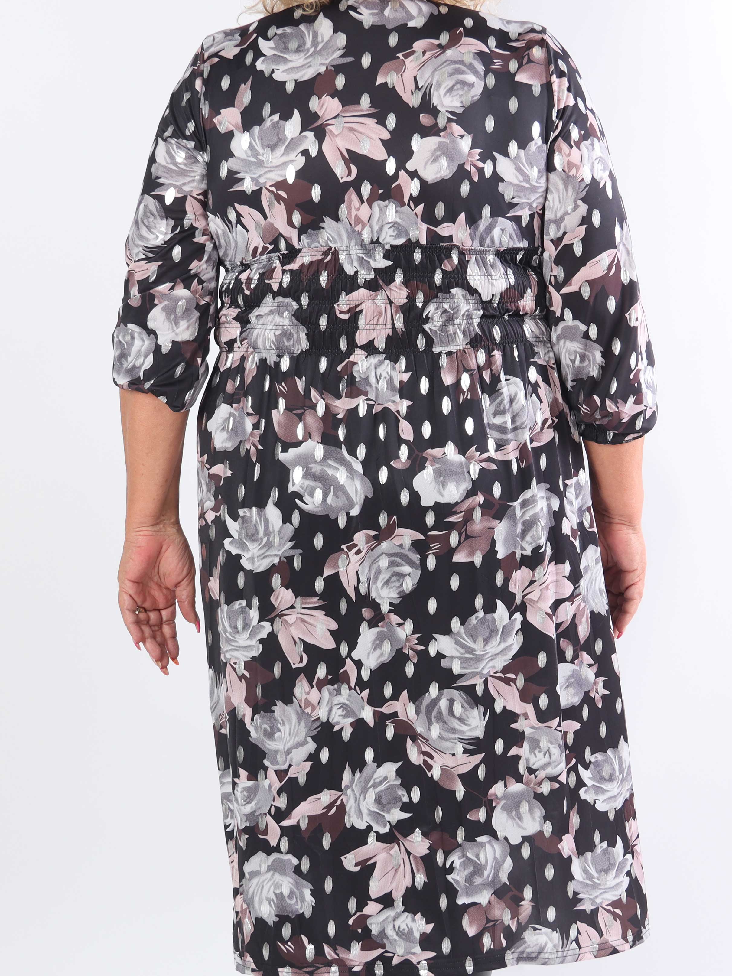 Pams Blossom Midi L/S - Elastisk plus size-klänning i skrynkelfritt tyg med silverprickar