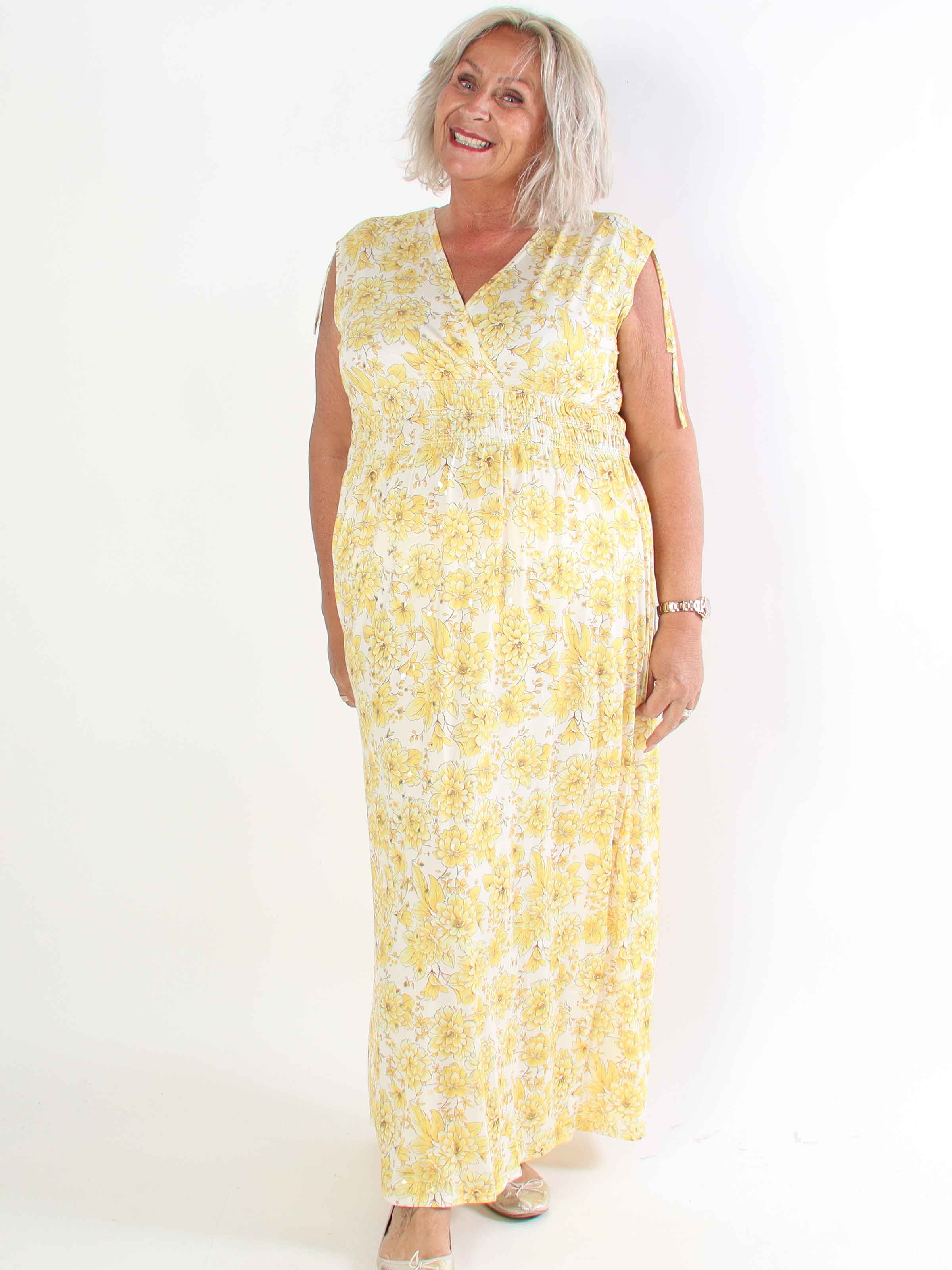 Pams Blossom Sleeveless - Lång plus size elastisk klänning i blommigt mönster