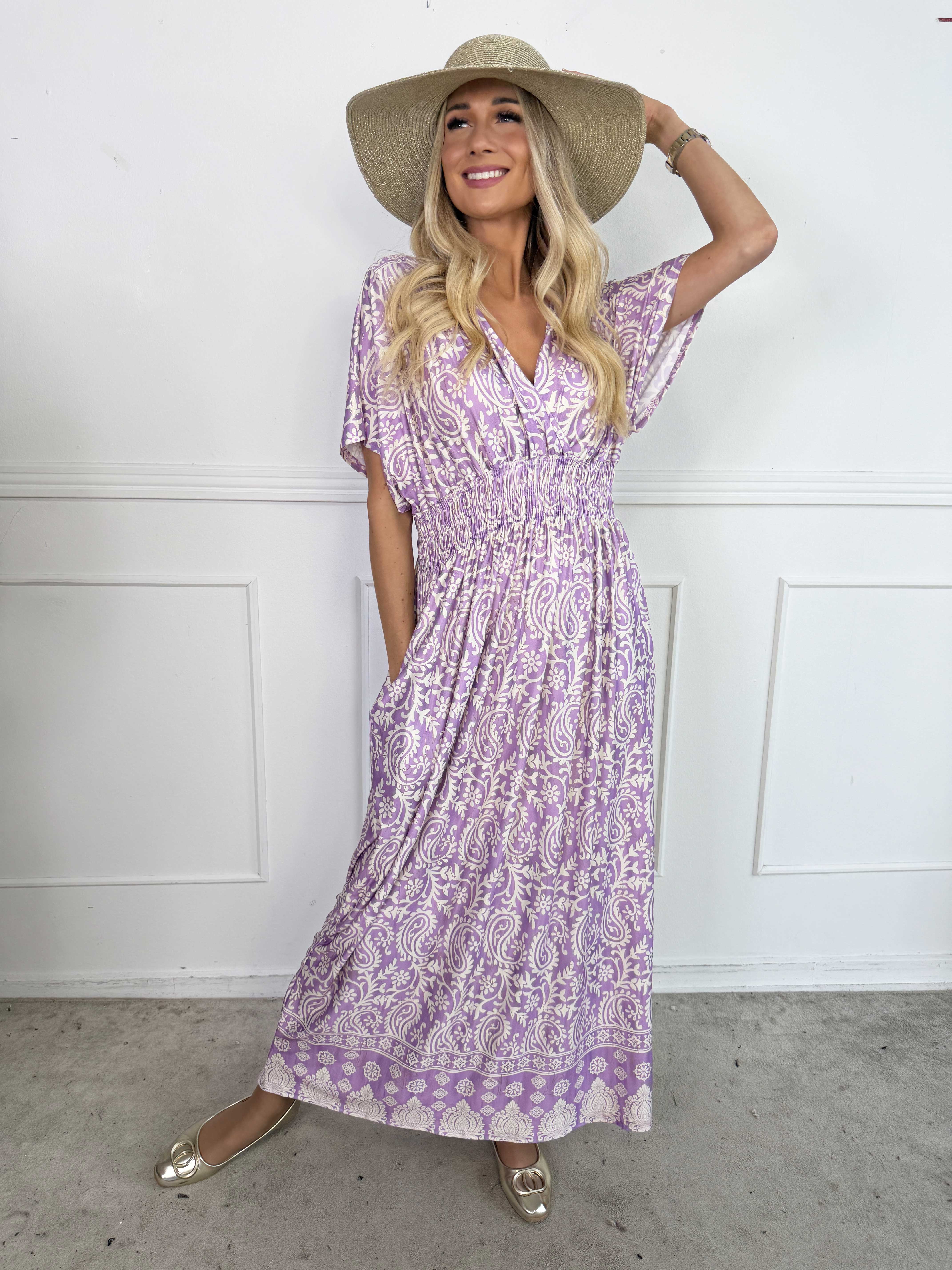 Pams Boteh - Lång stretchig mönstrad klänning med fickor