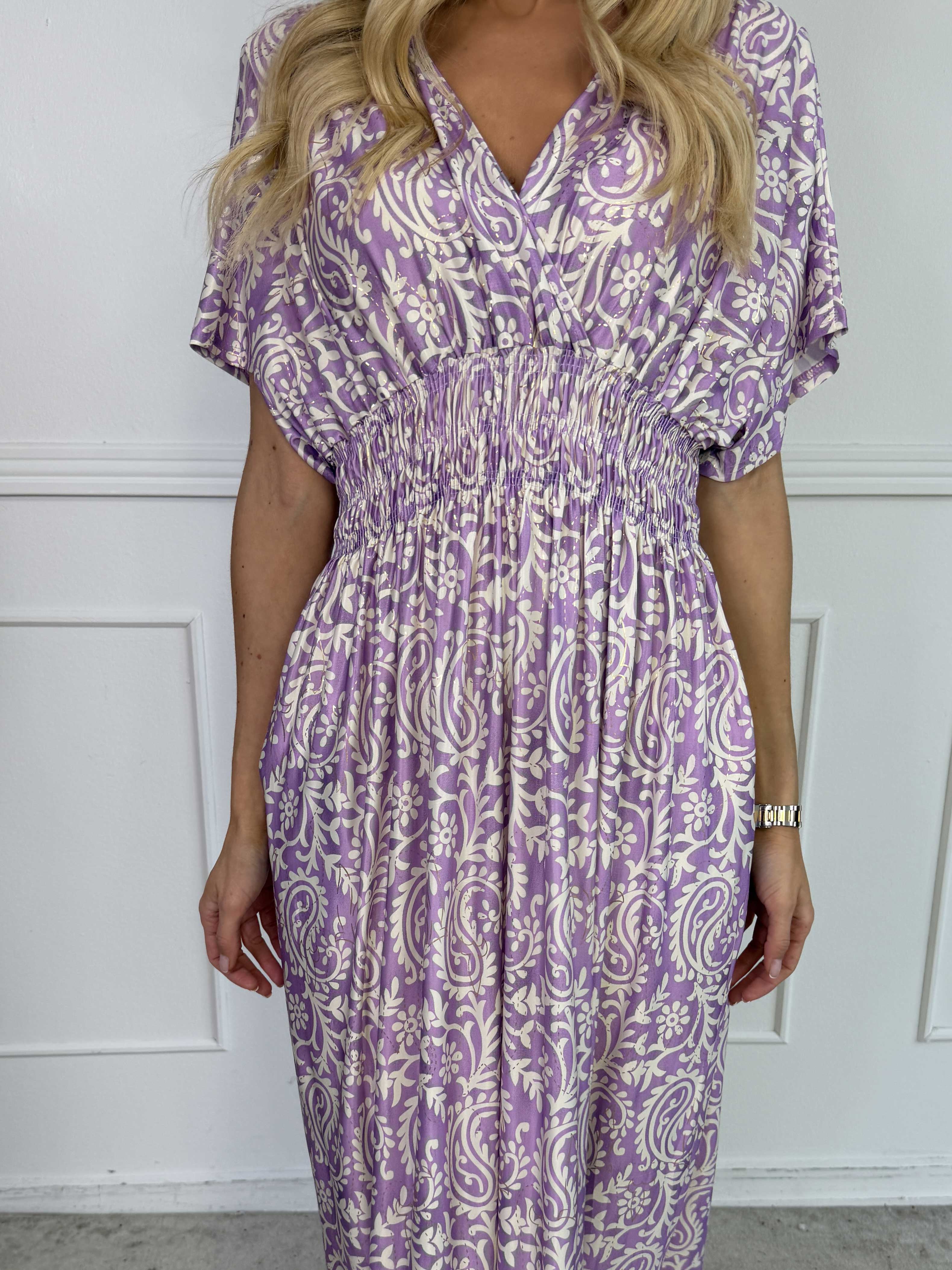 Pams Boteh - Lång stretchig mönstrad klänning med fickor