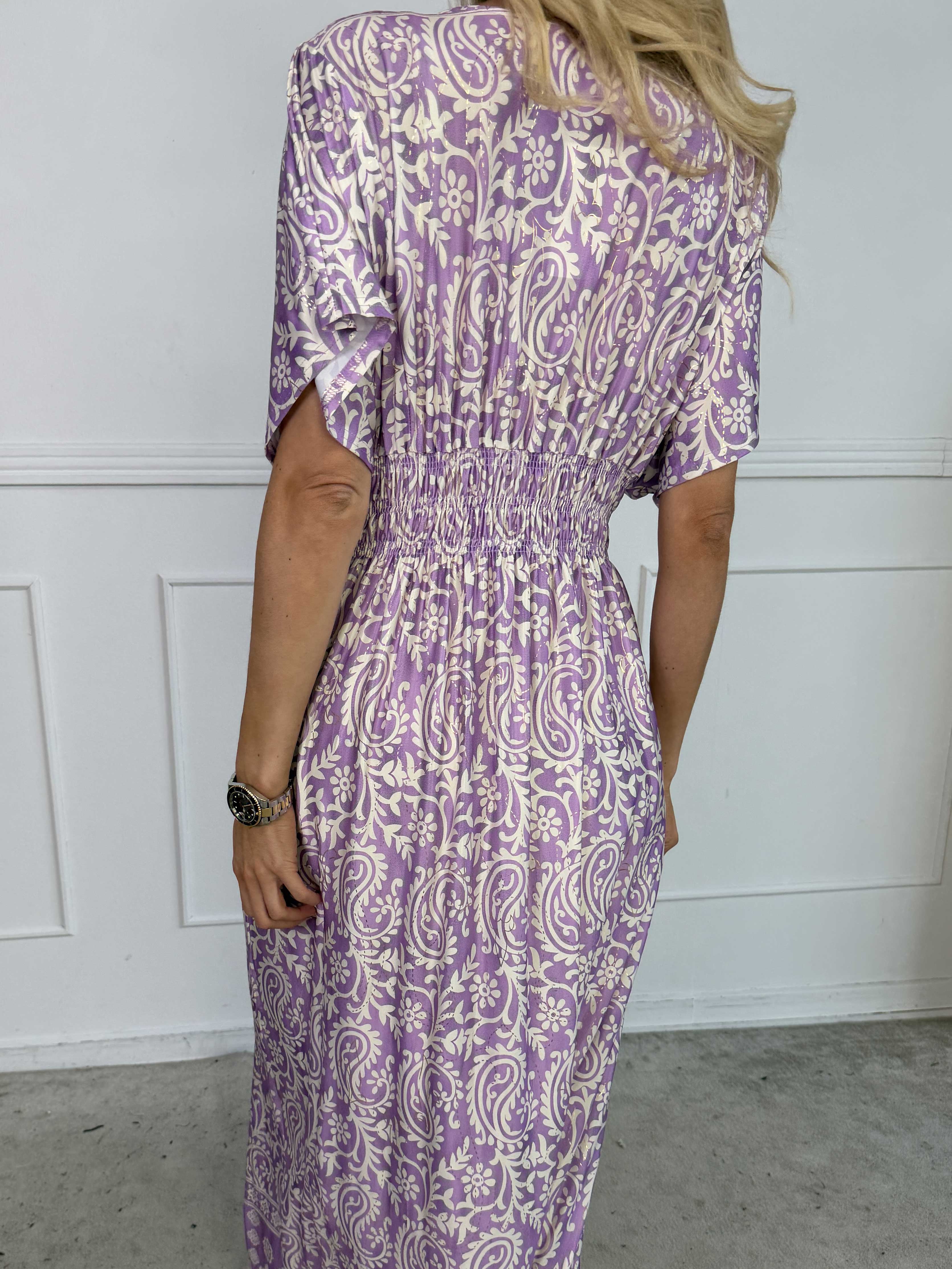 Pams Boteh - Lång stretchig mönstrad klänning med fickor